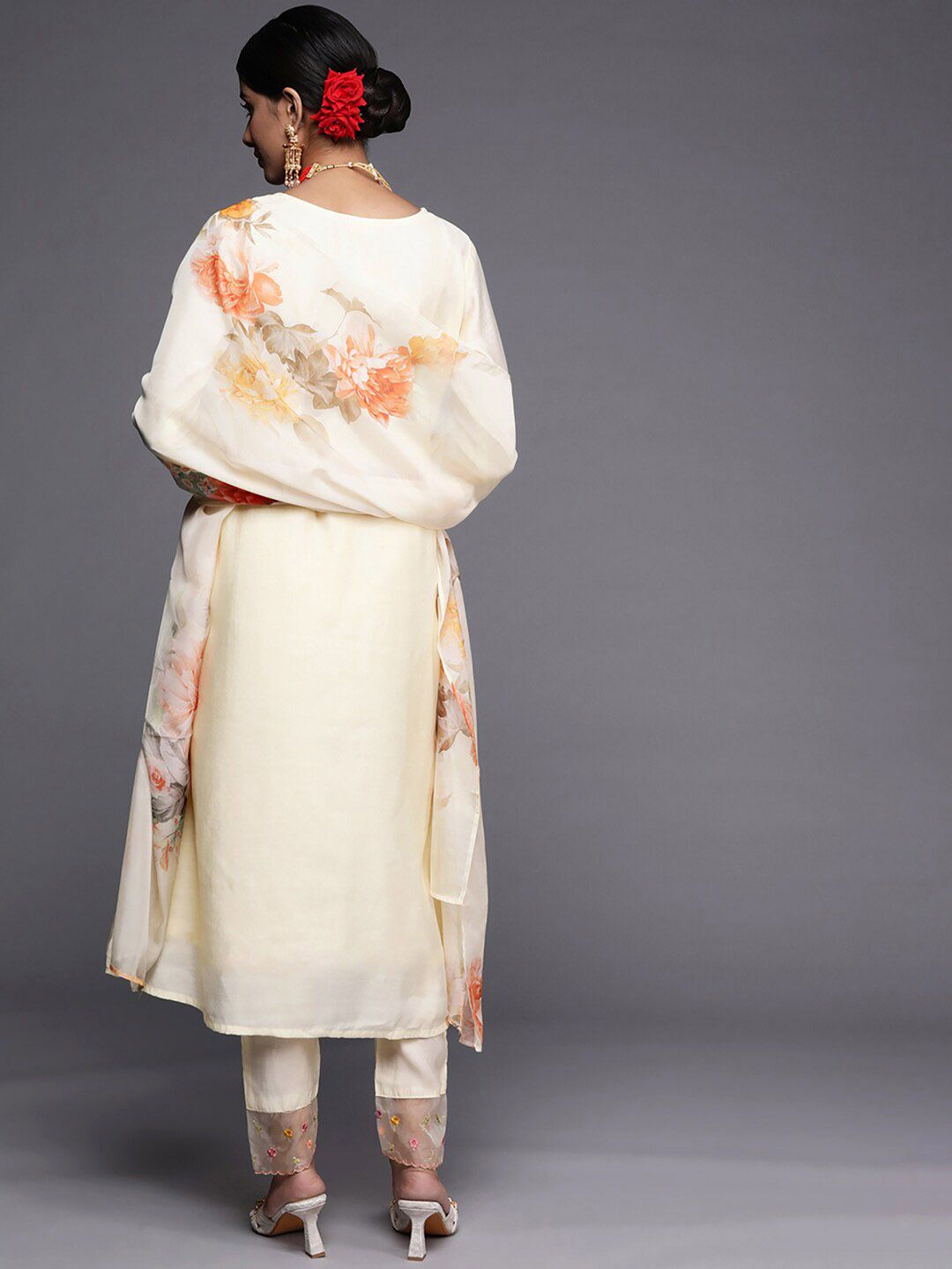 Dhiyona IE Floral Embroidered A-Line Chanderi Cotton Kurta with Trousers & Dupatta