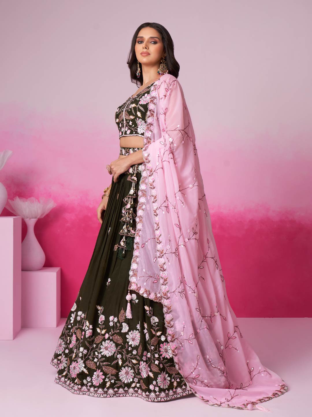 Women Olive Organza Sequins embroidery Lehenga choli & Dupatta