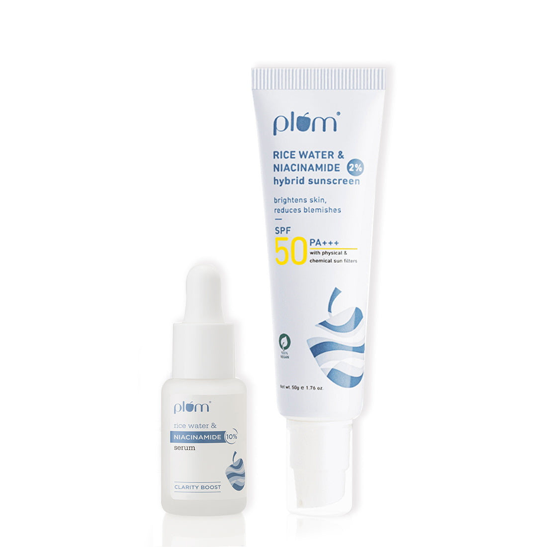 Plum Goodness Niacinamide Bright Protection duo - 10% Niacinamide & Rice Water Face Serum 15ml, 2% Niacinamide & Rice Water SPF 50 PA+++ Sunscreen 50g new