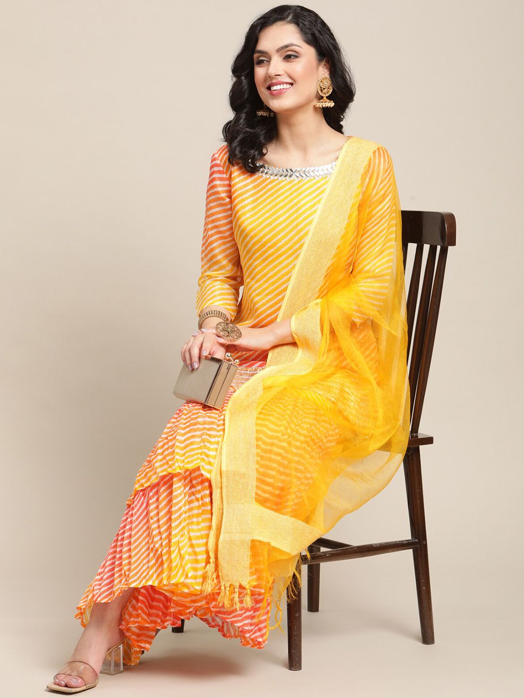 Indyancart VA Women's Yellow Printed Gotta Patti Kurti with Sharara & Dupatta