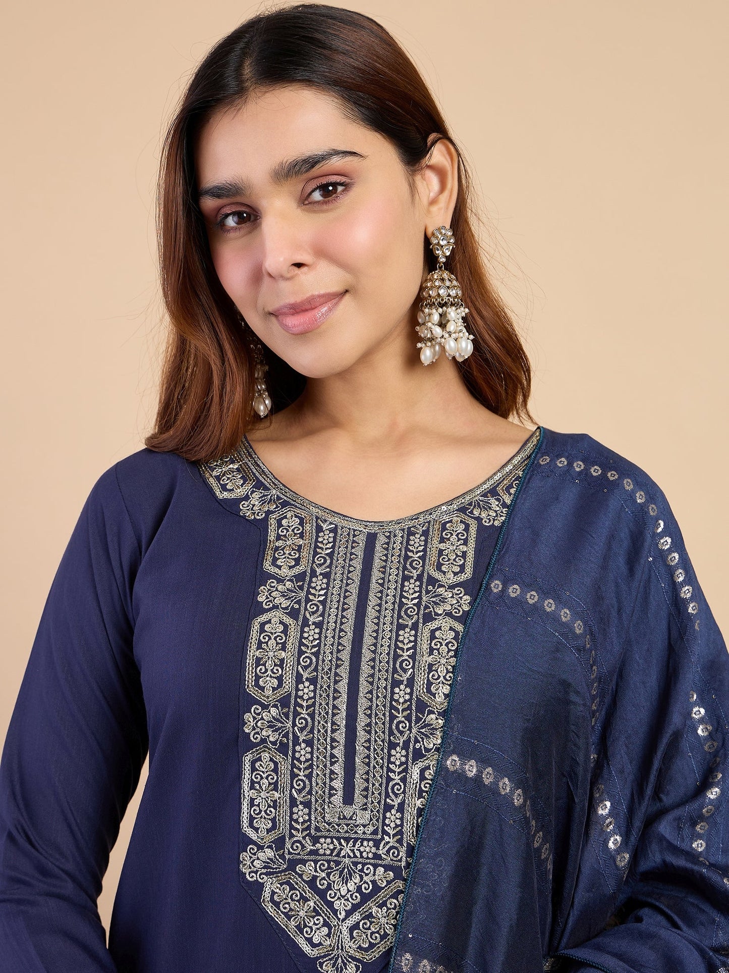 Dhiyona VV Navy Blue Wome's Traditional Kurta Pant Set with Dupatta