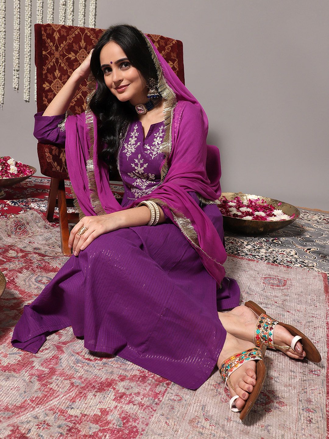 Indyancart VA Women's Purple Ethnic Motifs Yoke Design Pure Cotton Kurta with Trousers & Dupatta