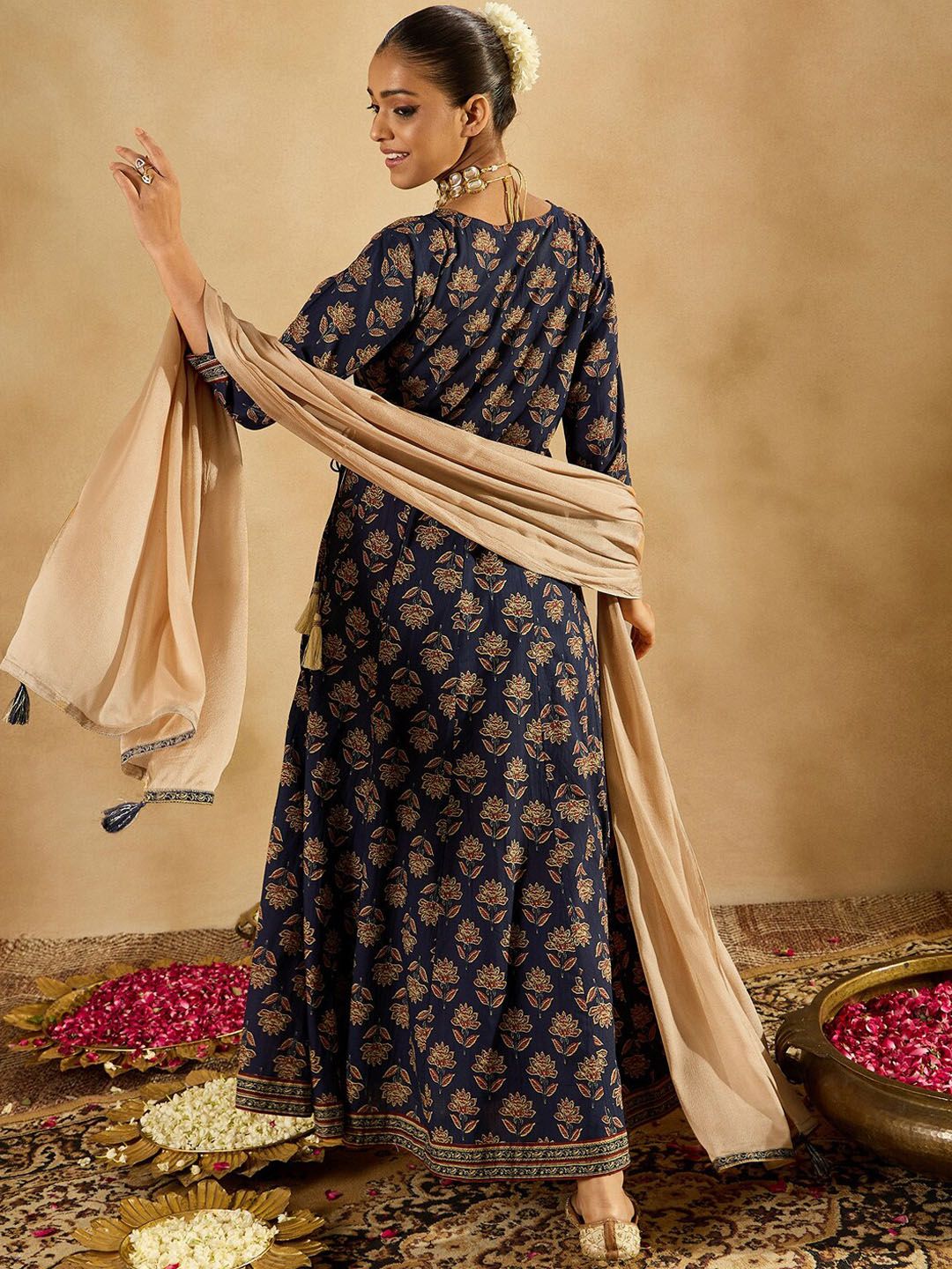 Indyancart IE Floral Printed Angrakha Mirror Work Pure Cotton A-Line Kurta & Trousers & Dupatta