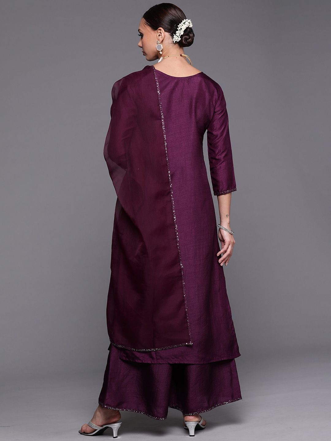 Indyancart IE Purple Embellished Keyhole Neck Kurta with Palazzos & Dupatta