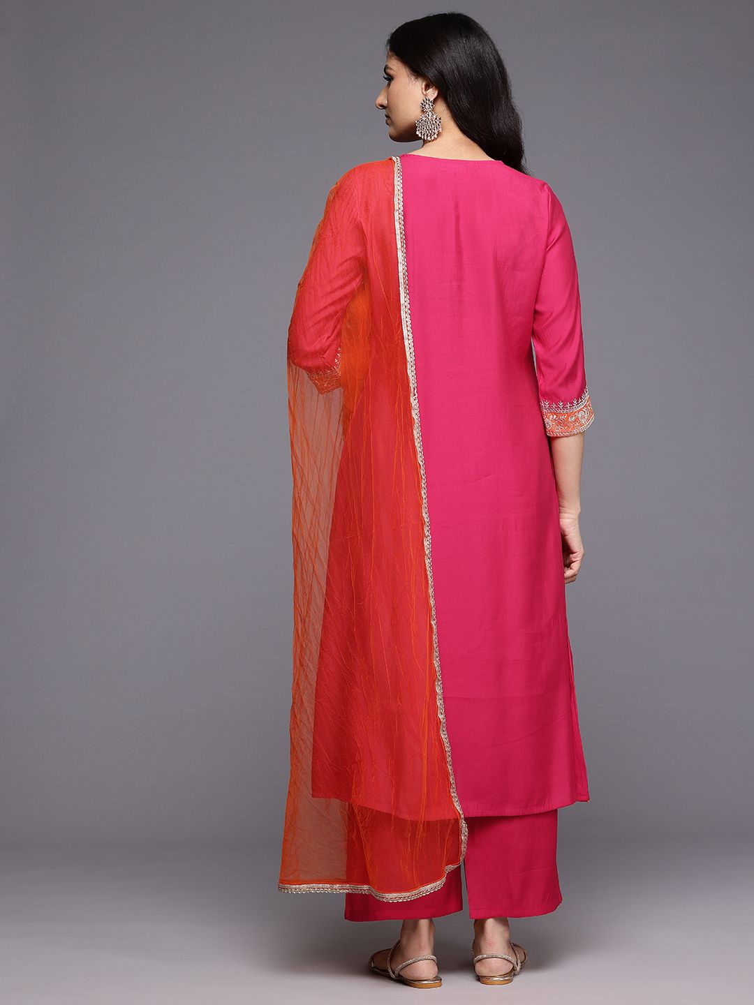 Indyancart VA Ethnic Motifs Embroidered Zari Panelled Kurta With Palazzos & Dupatta