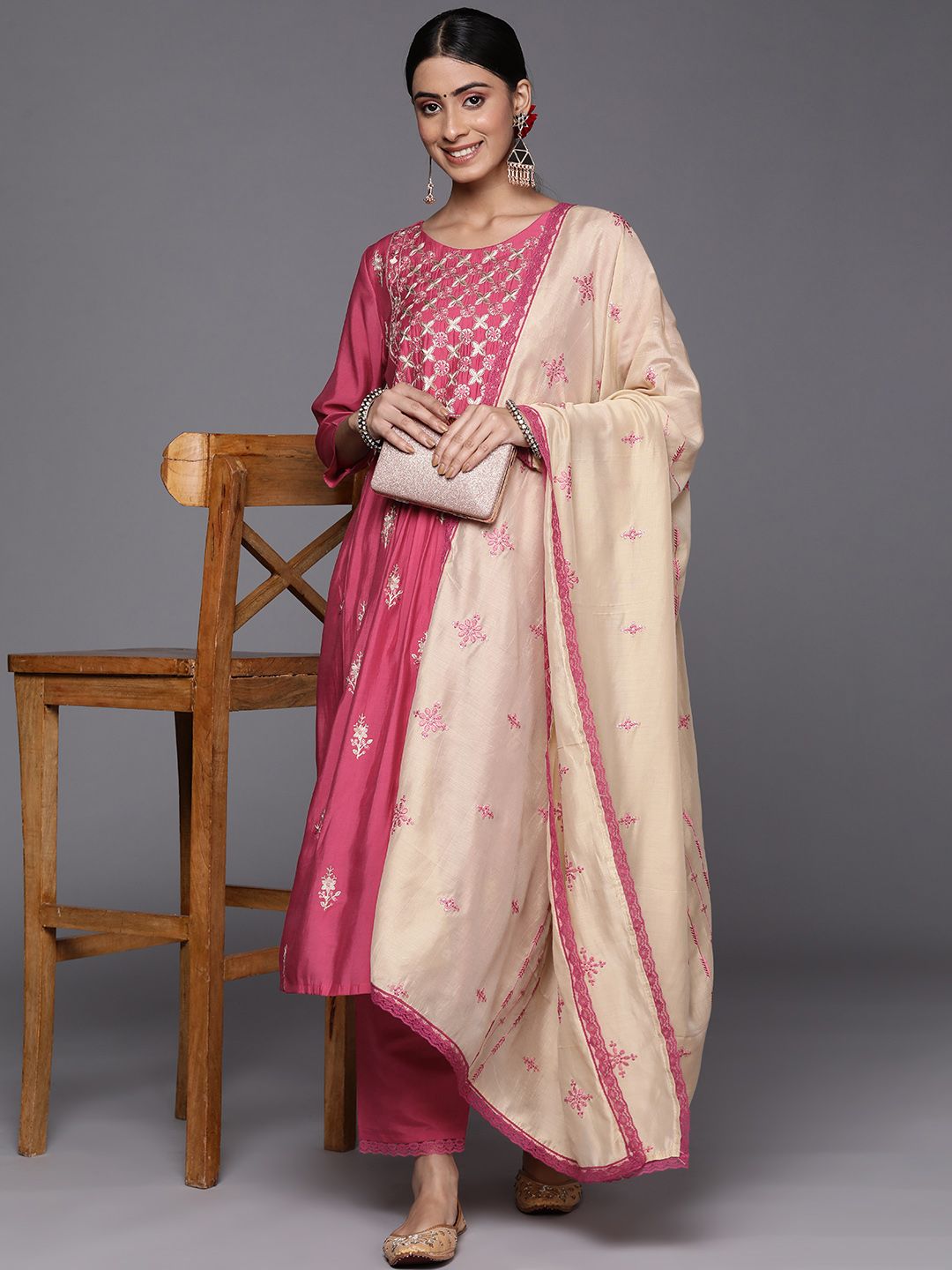 Indyancart VA Women's Pink Ethnic Motifs Embroidered Thread Work Kurta with Trousers & With Dupatta