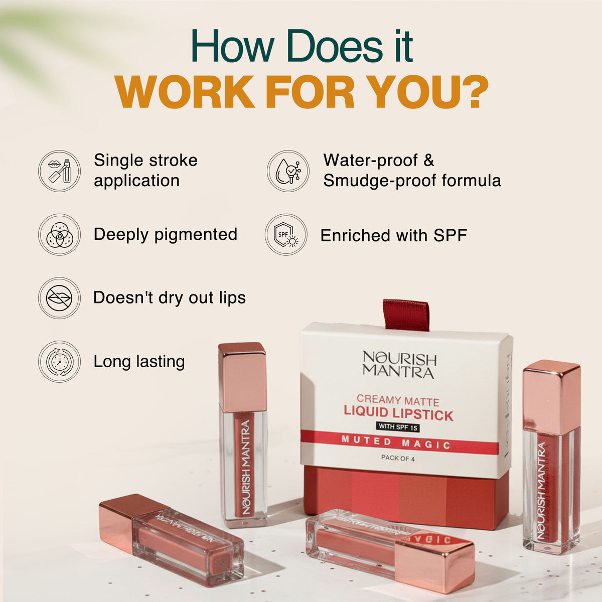 Nourish Mantra Liquid Lipstick in Muted Magic, creamy matte finish with SPF, showing the lipstick tube and swatched on skin.