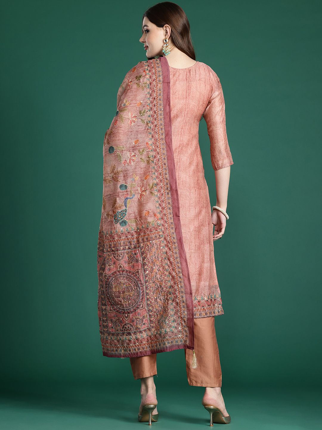 Indyancart IE Ethnic Motifs Printed Thread Work Chanderi Silk Kurta With Trousers & Dupatta