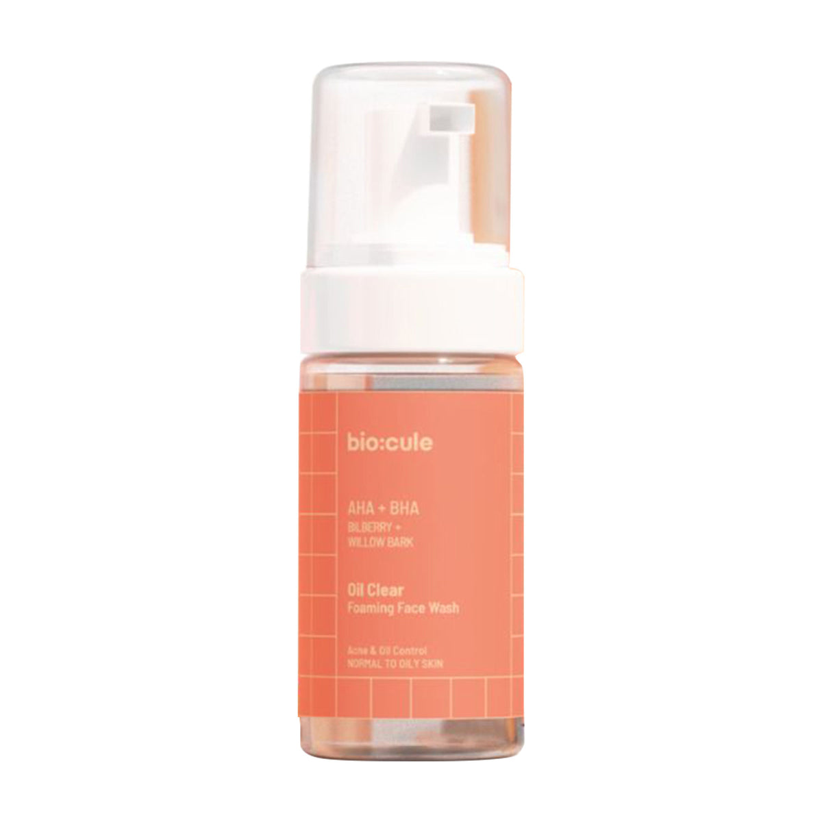 Biocule AHA BHA oil clear foaming face wash for oily, acne-prone skin, showing the product bottle and foam lather.