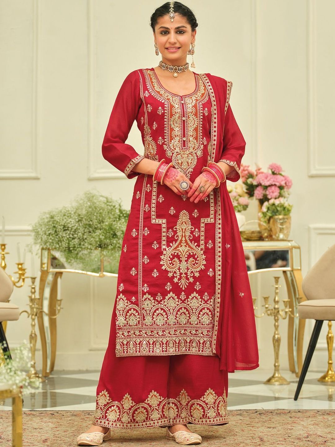 Indyancart IE Women Ethnic Motifs Embroidered Regular Kurta with Palazzos & With Dupatta