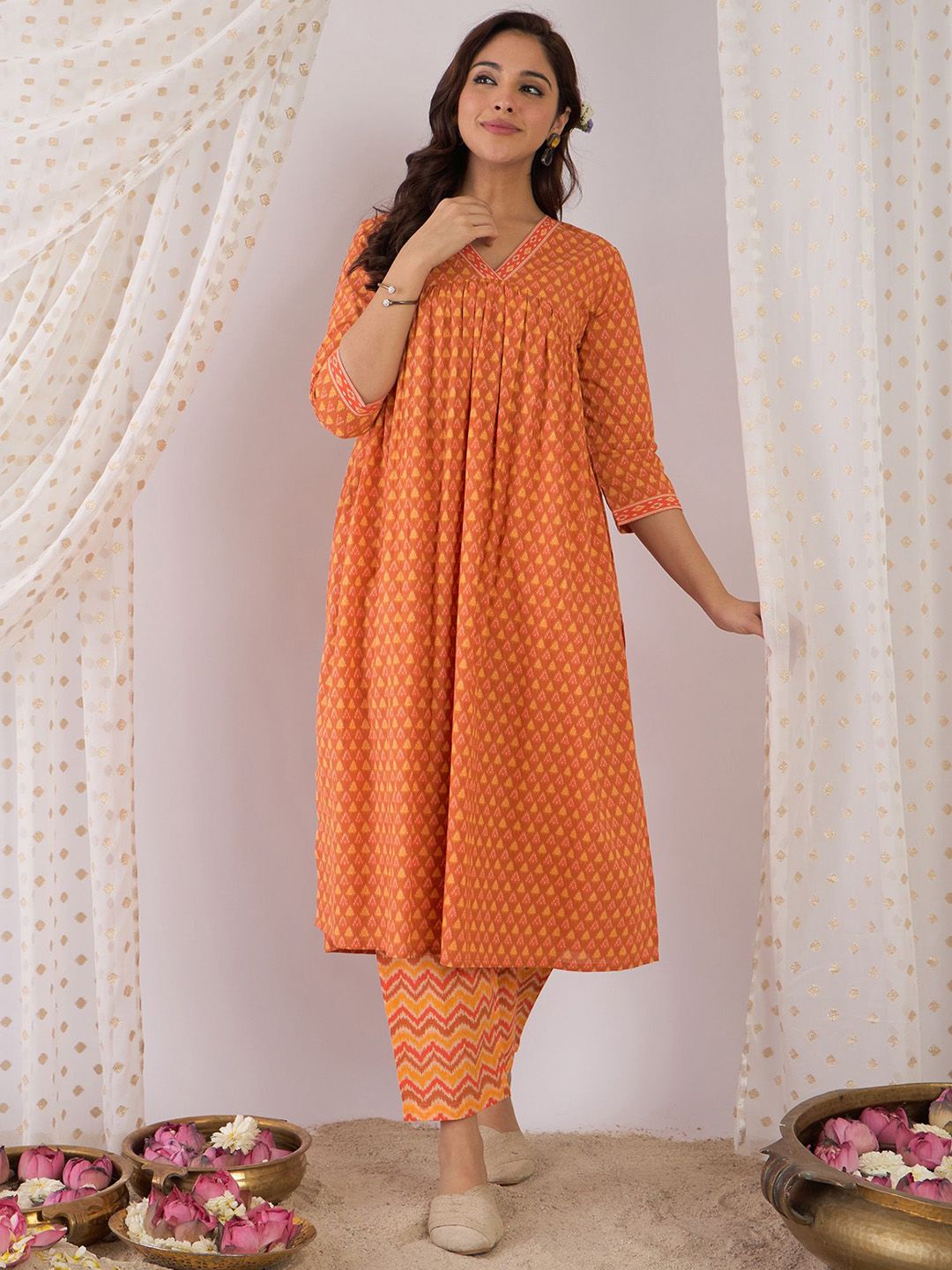 Indyancart IE Floral Printed Pure Cotton V Neck A-Line Tunic And Trousers