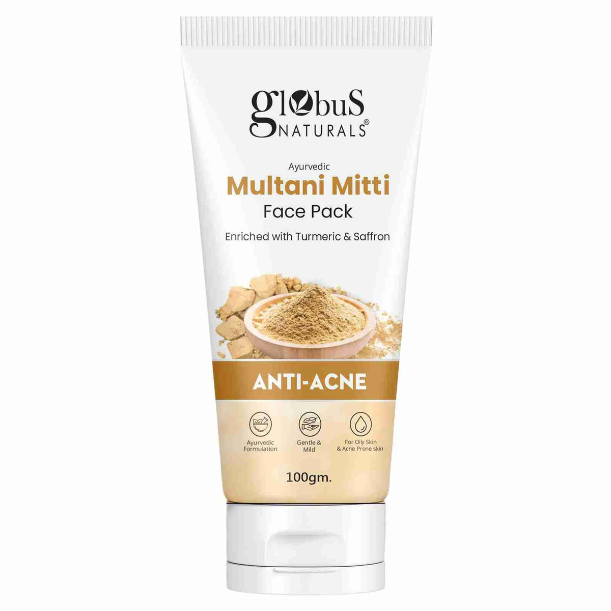 Globus Naturals Anti Acne Multani Mitti Face Pack in a green clay mask container, ready for skincare application.