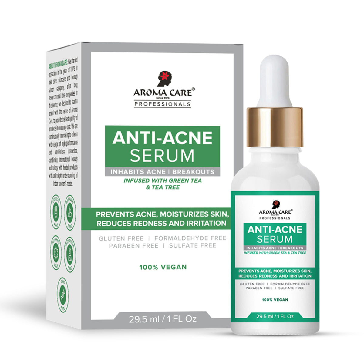 Aroma Care Pro Anti-Acne Serum bottle with dropper, featuring clean label and sleek design on a white background.