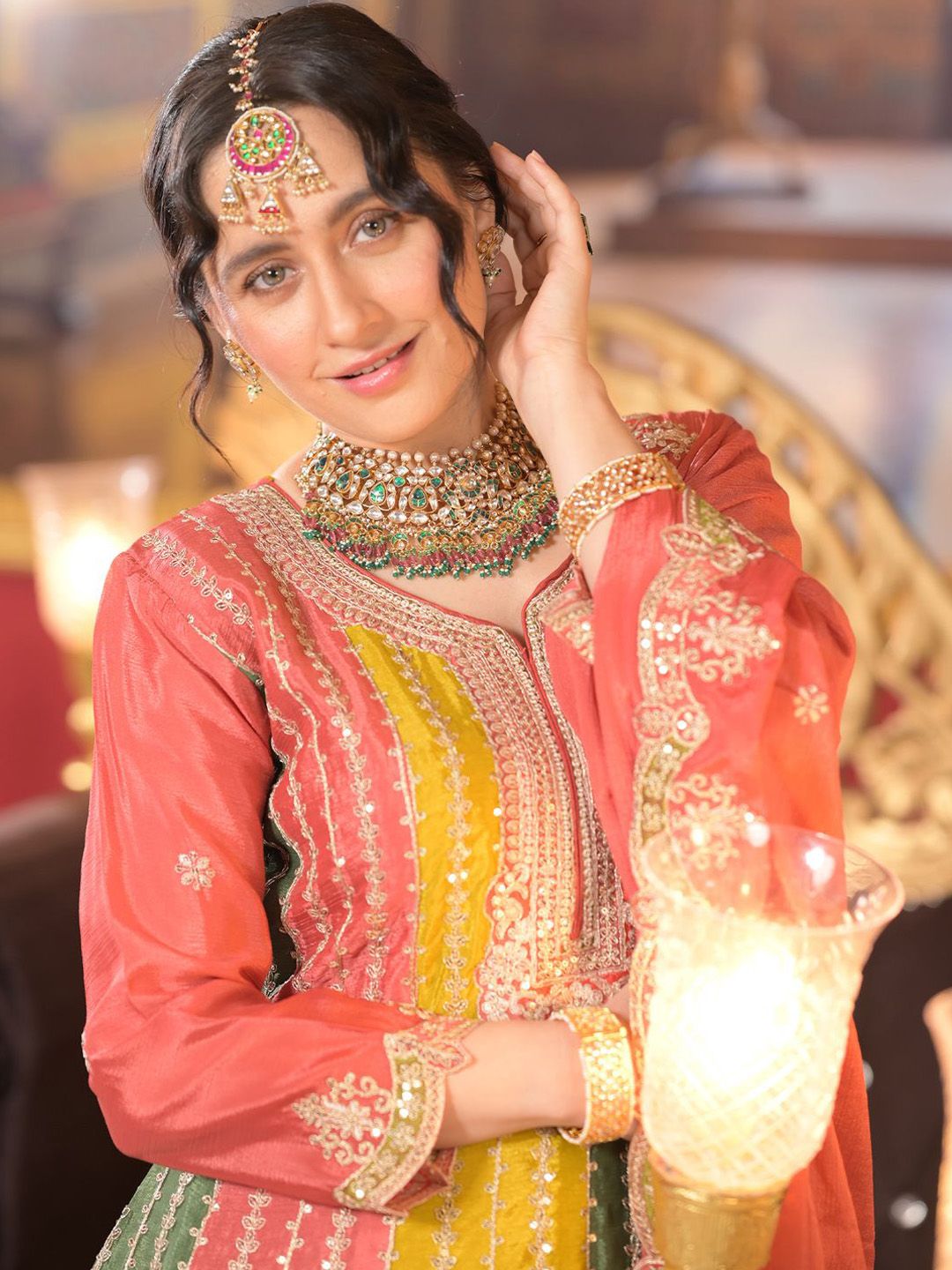 Indyancart IE Ethnic Motifs Embroidered Panelled Sequinned A-Line Kurta With Palazzos & Dupatta