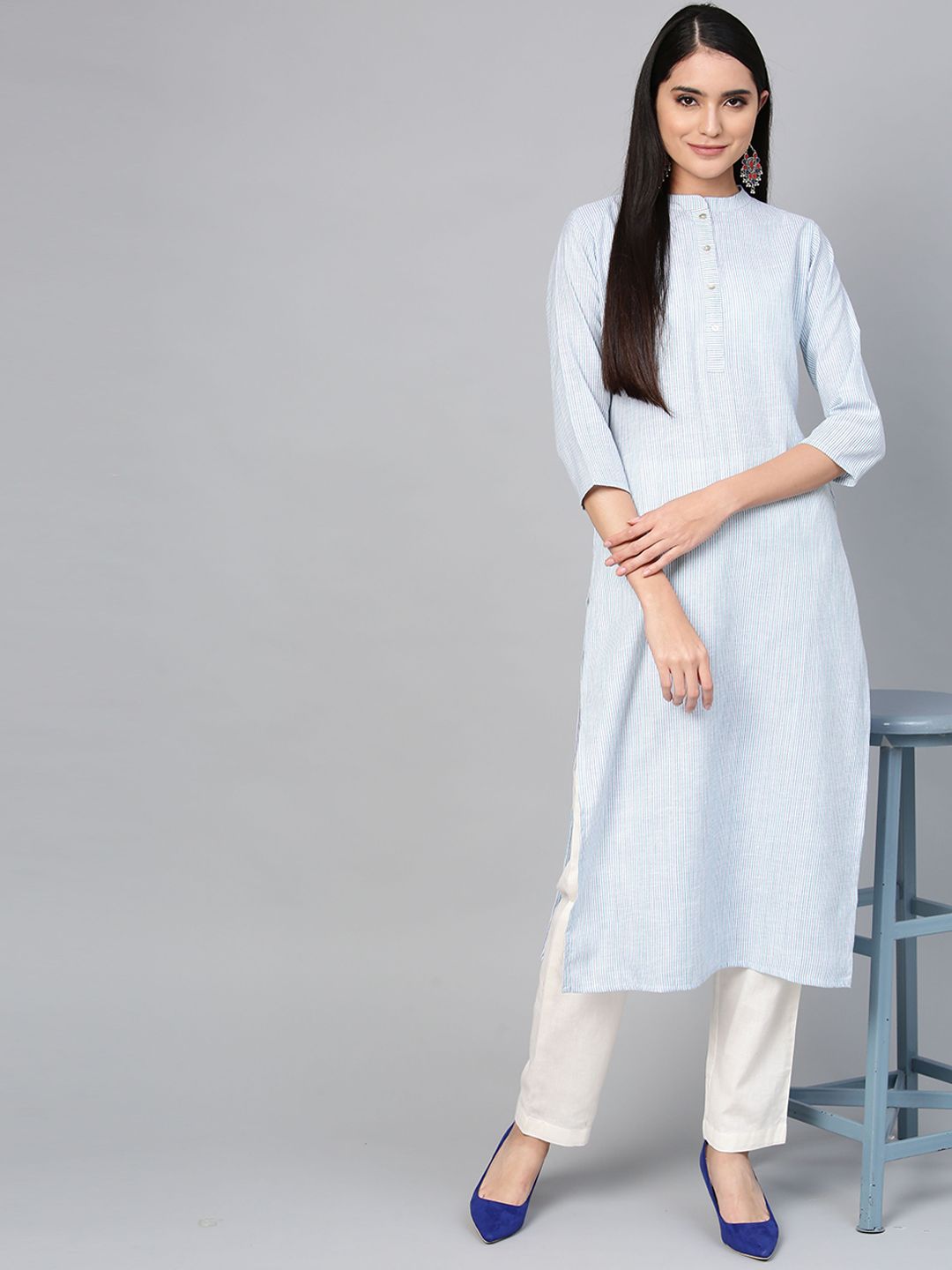 Dhiyona IE Women Sea Green & Cream-Coloured Striped Straight Kurta
