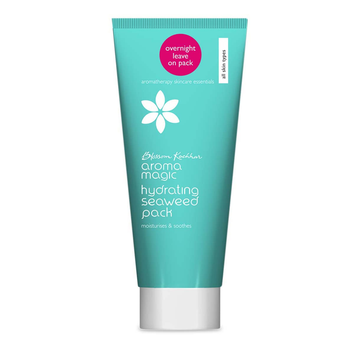 Aroma Magic Hydrating Seaweed Pack soothing and moisturizing skin, with visible seaweed and creamy mask texture on a white background.