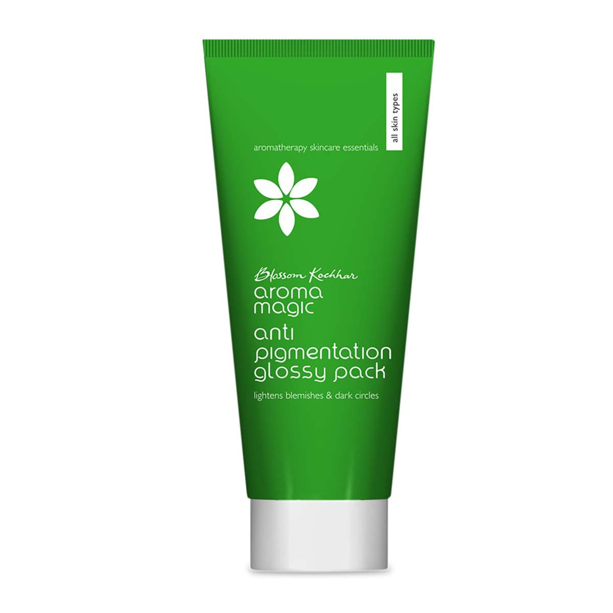 Aroma Magic Anti Pigmentation Glossy Pack for fading blemishes and dark circles, shown in a jar with application spatula.