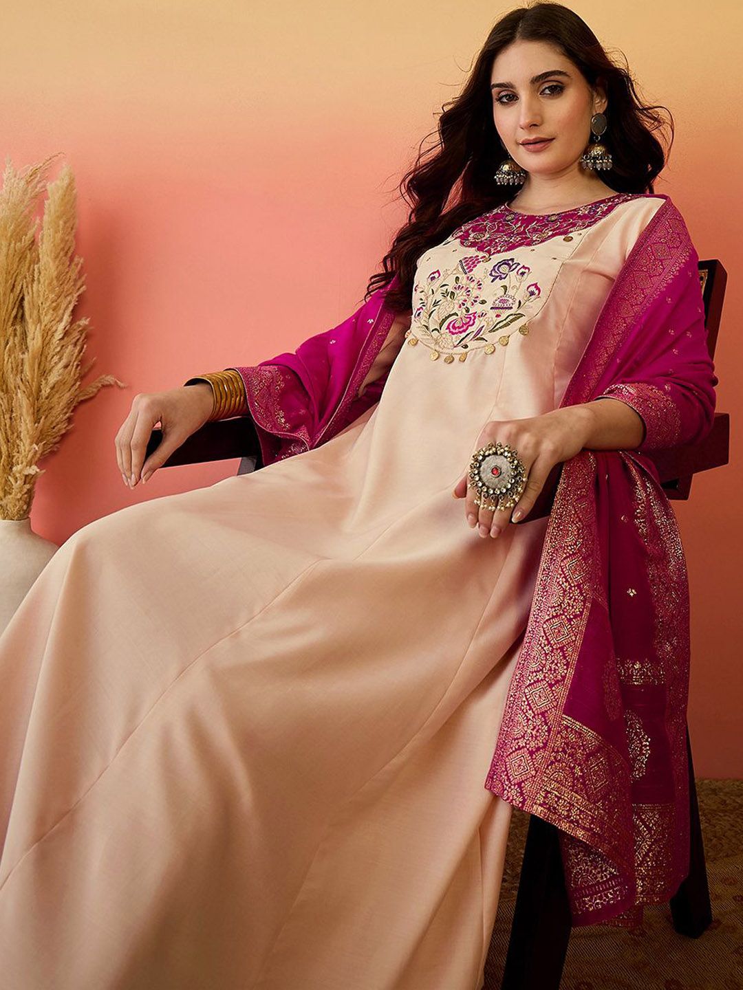 Indyancart SN Women's Floral Yoke Design Panelled Thread Work A-Line Kurta With Trouser And Dupatta