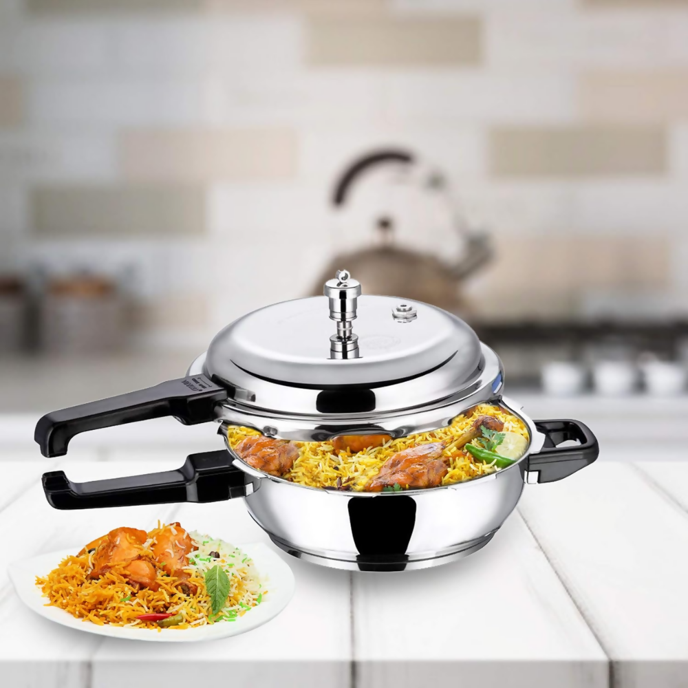 Vinod 18/8 Stainless Steel Outer Lid Sandwich Bottom Deep Pan Pressure Cooker