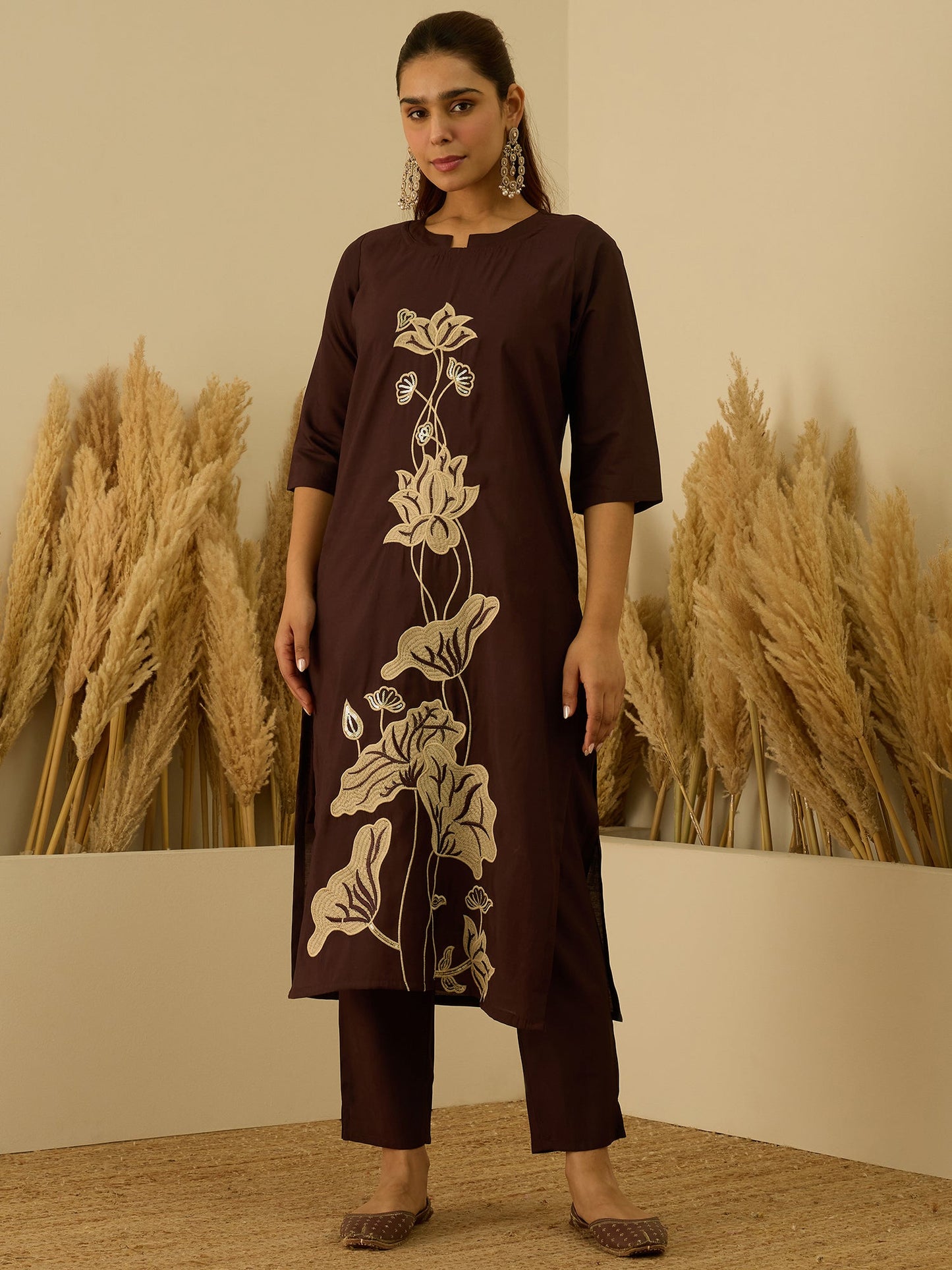 Dhiyona VV Coffee Silk Blend Embroidered with Sequins Straight Kurta Set with Trousers & Dupatta