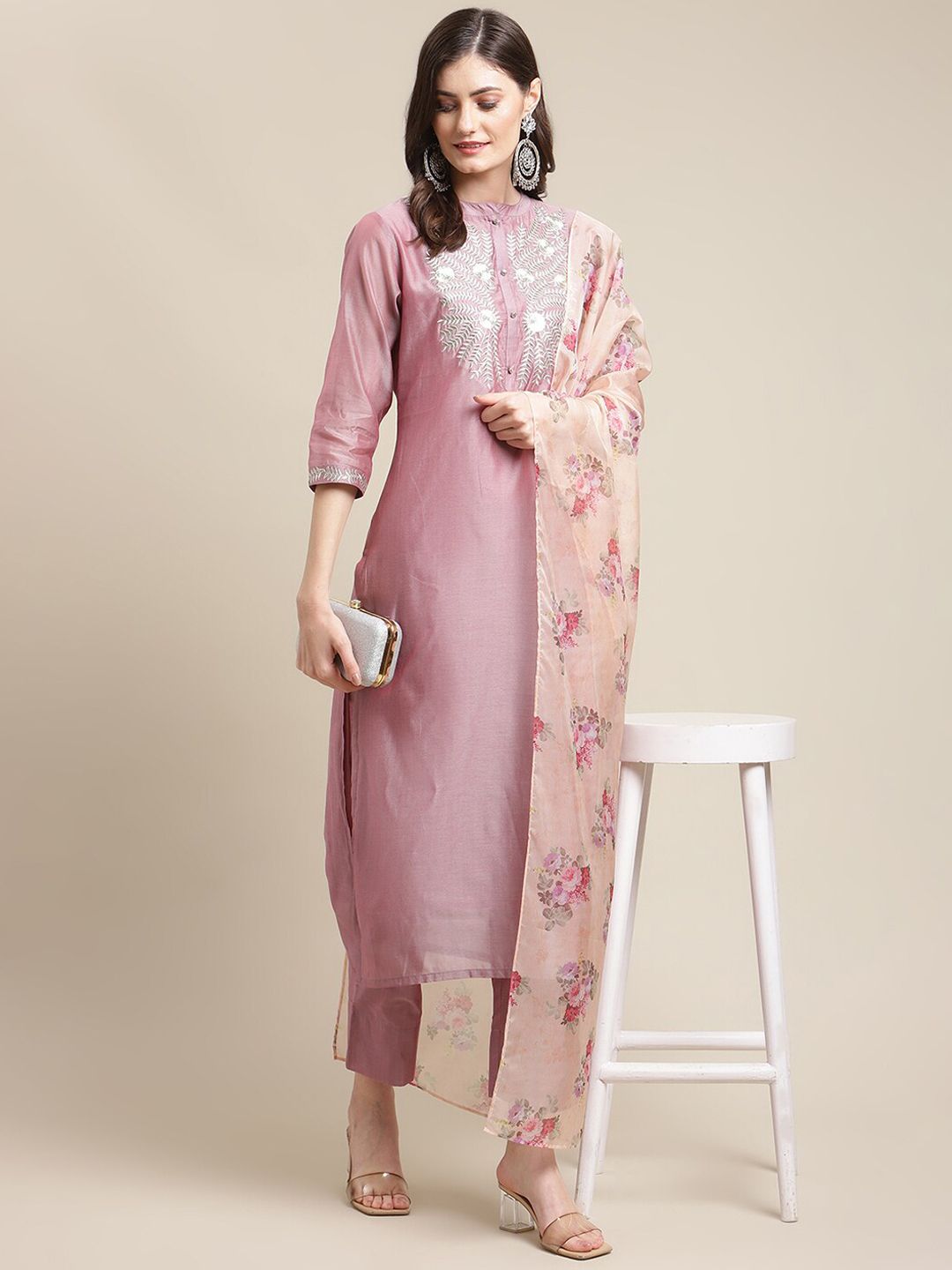 Indyancart VA Women's Mauve Floral & Peach Yoke Design Chanderi Silk Kurta Set