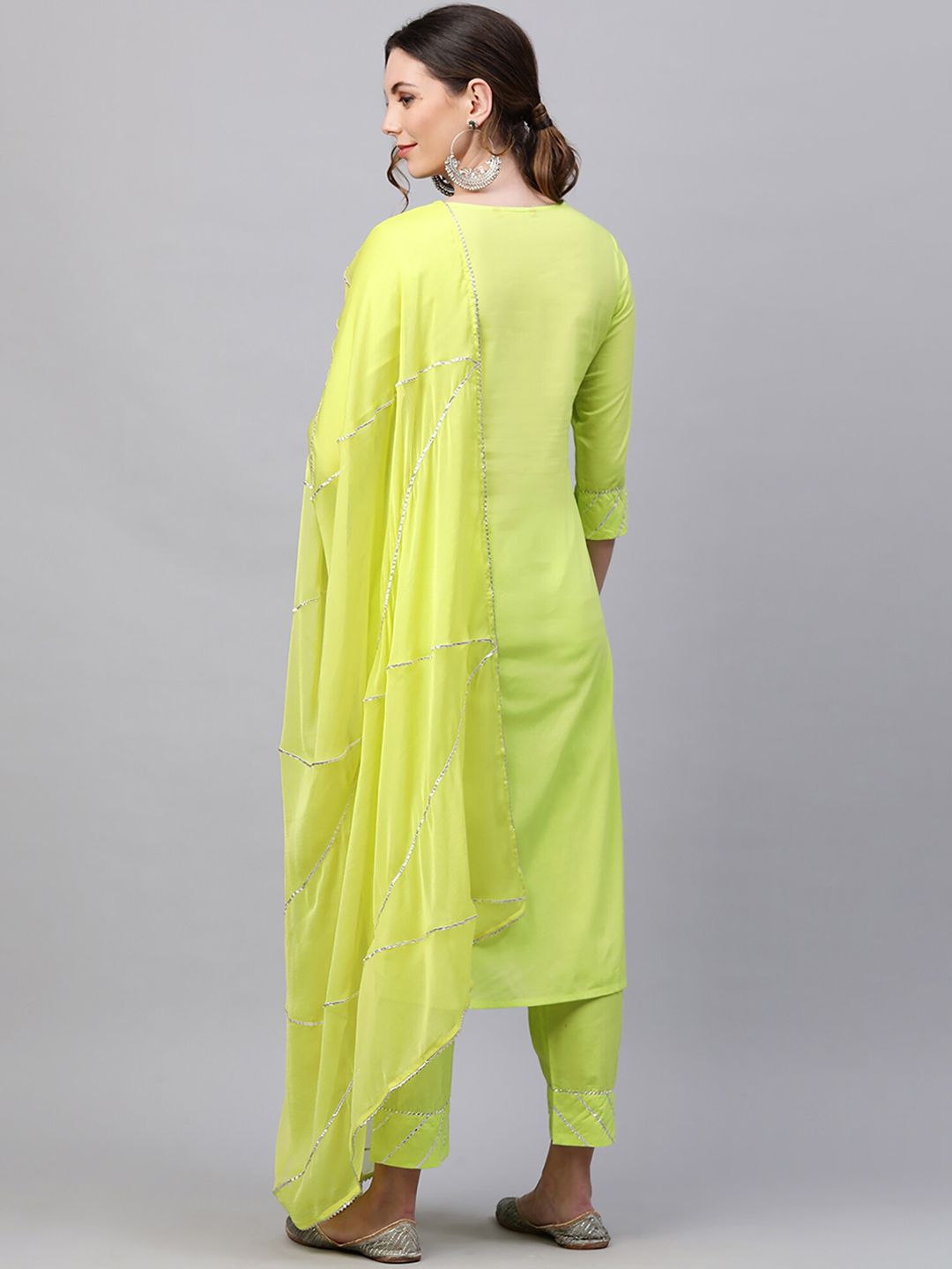Indyancart IE Women Fluorescent Green Yoke Design Gotta Patti Pure Cotton Kurta with Palazzos & With Dupatta