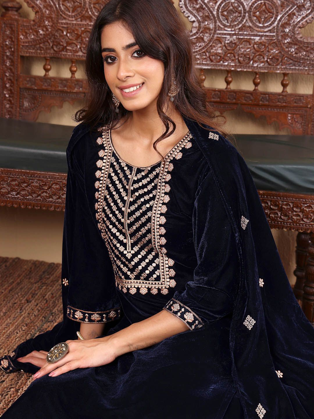 Dhiyona VA Women'sNavy Blue Floral Yoke Design Sequinned Velvet Kurta with Trousers & Dupatta