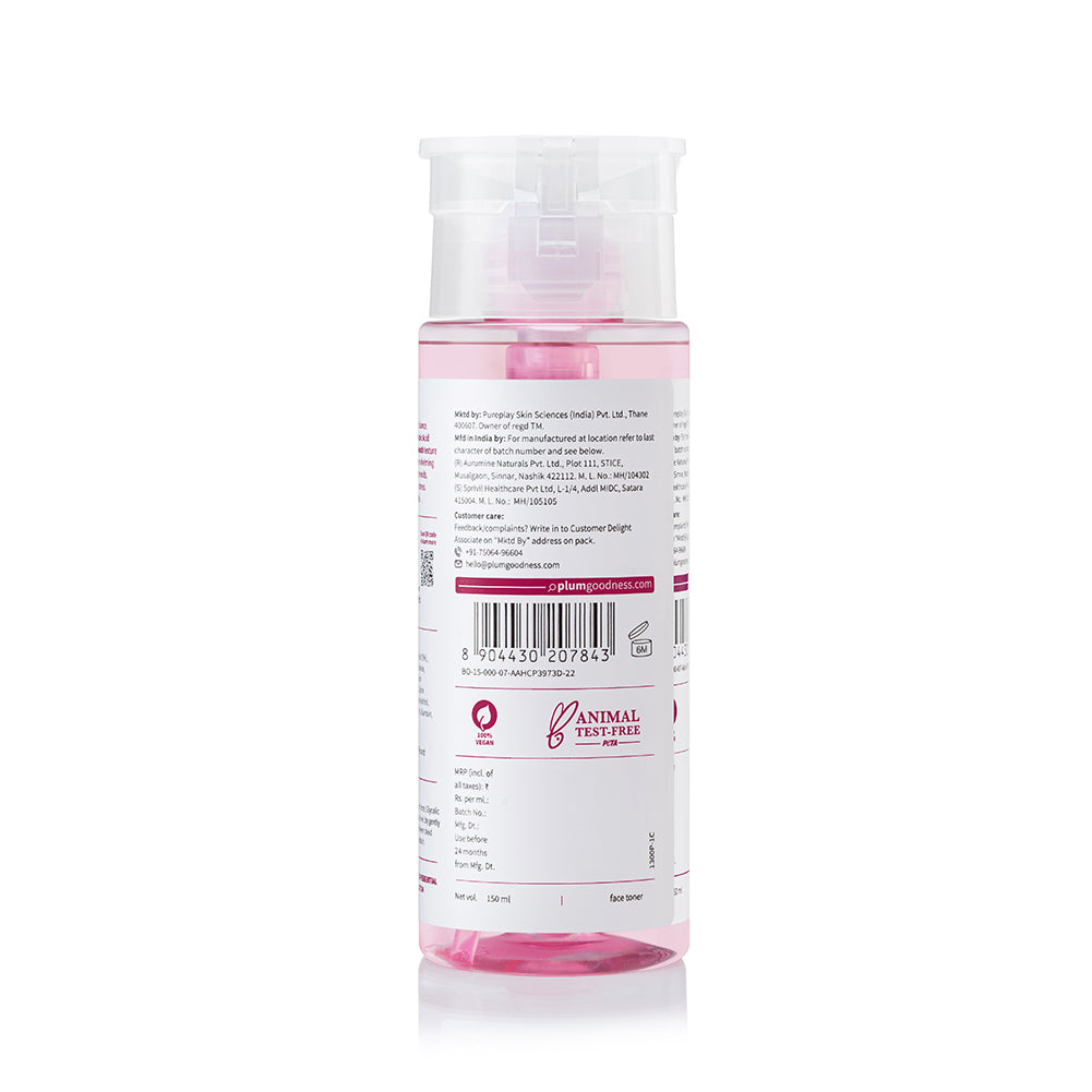 Plum Goodness Goji Berry exfoliating toner with 5% glycolic acid for textured skin, featuring a clear bottle and vibrant label.