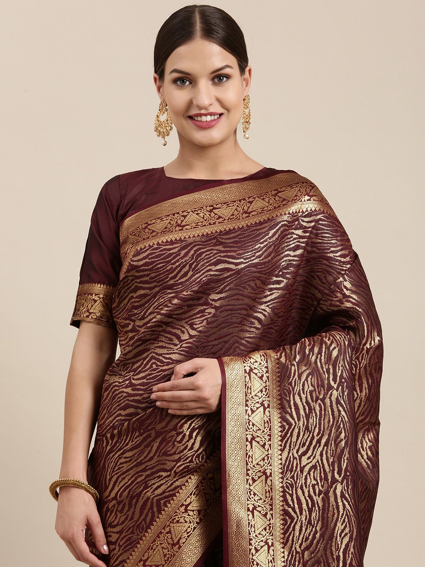Women's Kanjeevaram Silk Burgundy Woven Design Designer Saree With Blouse Piece