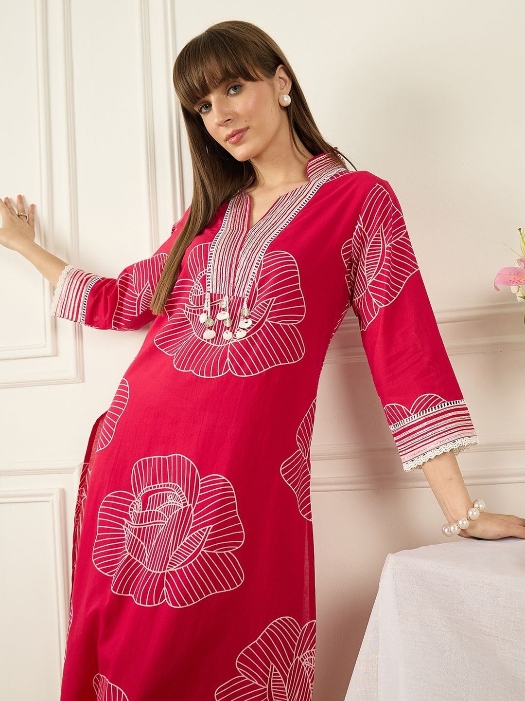 Floral Printed Thread Work Pure Cotton Kurta With Palazzos