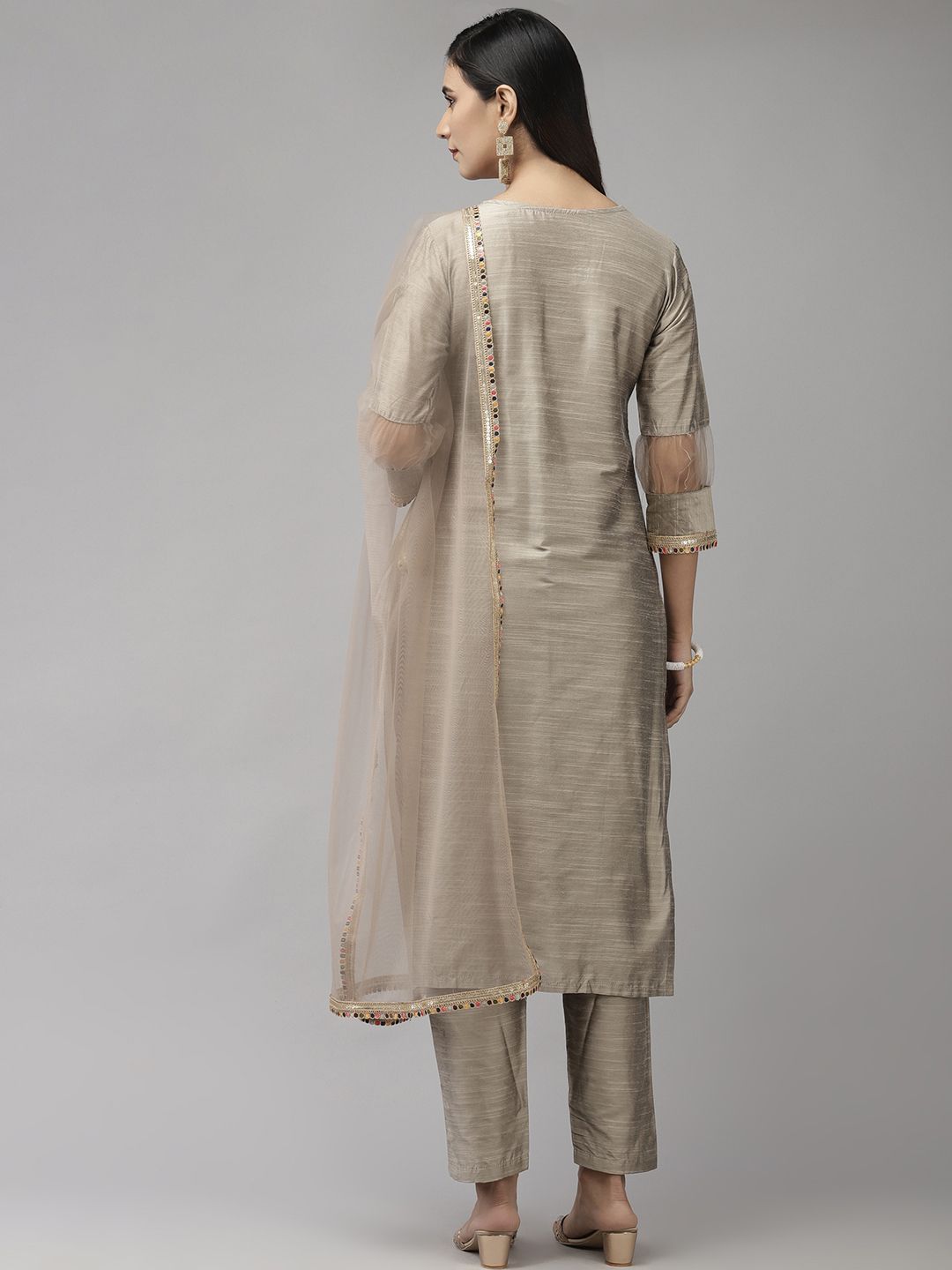 Indyancart IE Women Grey Gotta Patti Kurta with Trousers & With Dupatta