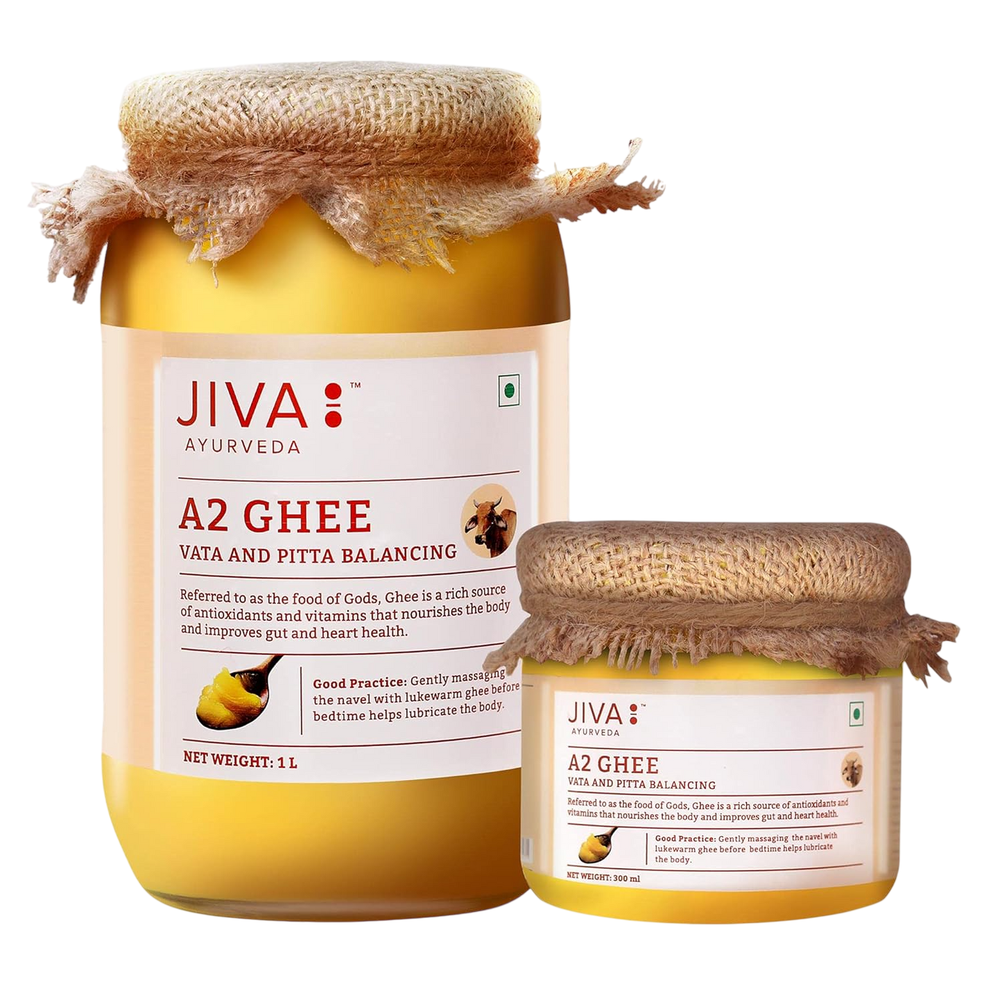 Jiva Ayurveda A2 Gir Desi Cow Ghee 1L + 300 ml (Combo Pack) Pure Desi Ghee Bilona Curd Churned Grass-fed Cultured Ghee Pure, Natural