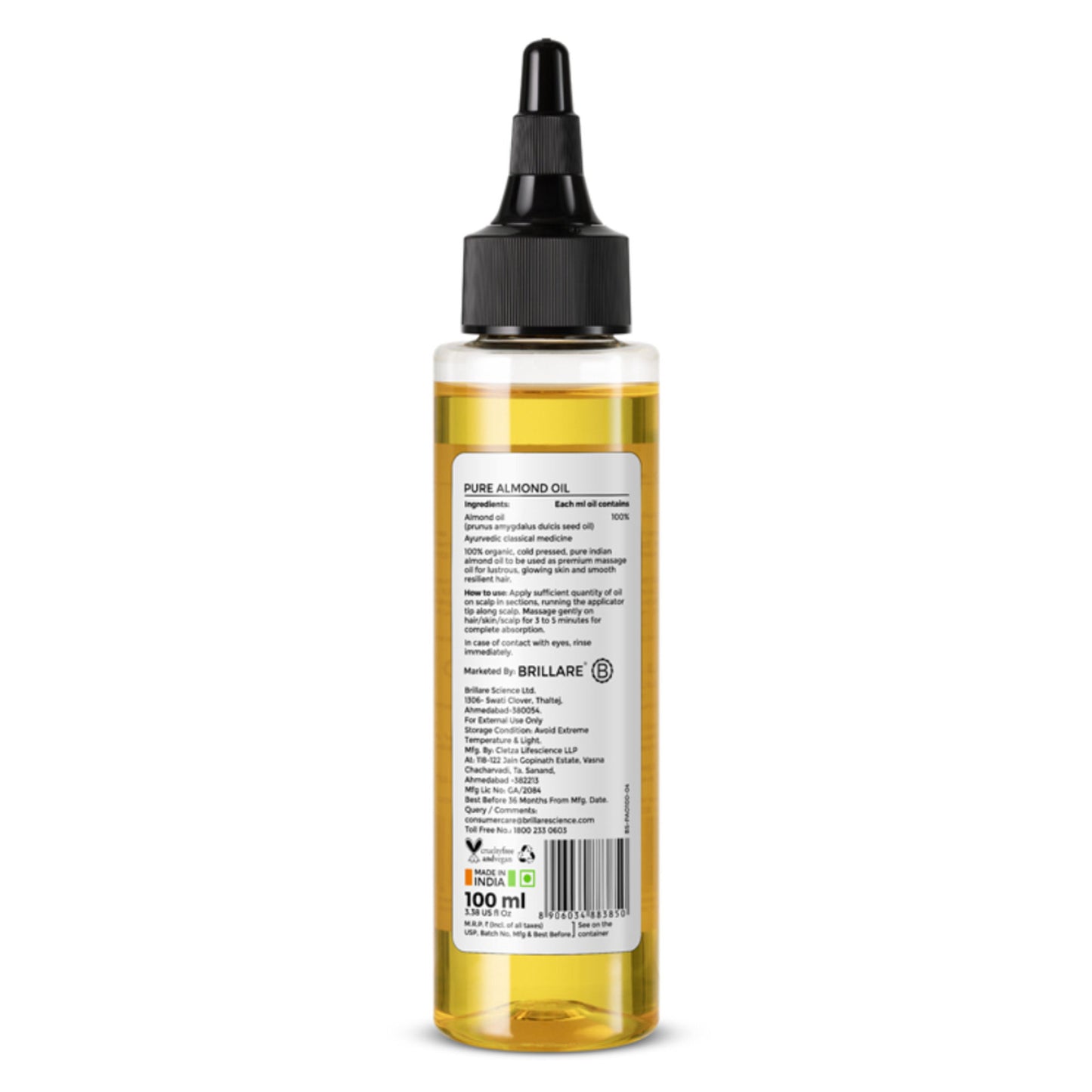 Brillare 100% Pure Cold Pressed Almond Oil Organic Almond Oil for Hair Growth & Glowing Skin