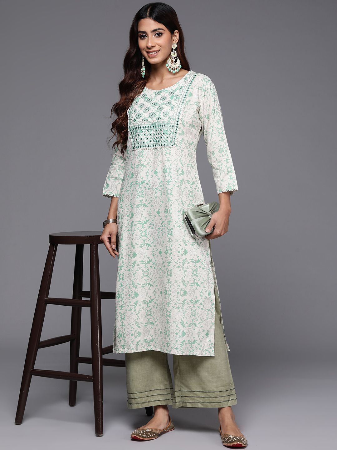 Indyancart IE Printed Mirror Work Kurta