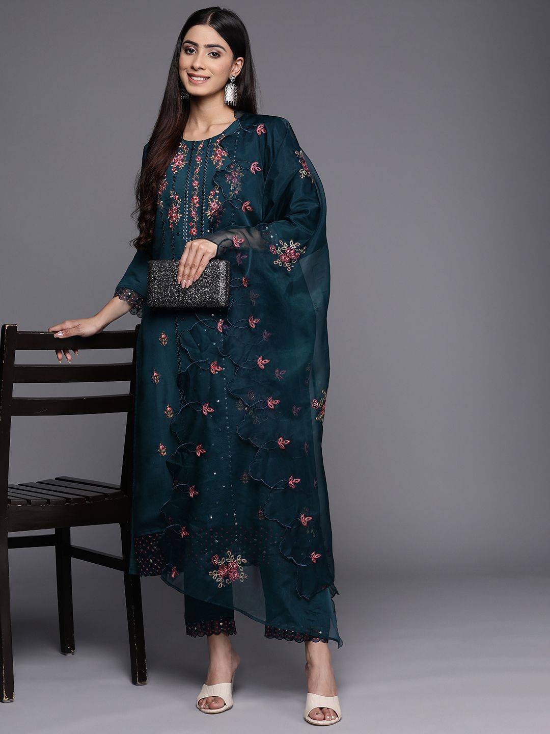 Indyancart VA Women'sTeal Floral Embroidered Kurta with Trouser & Dupatta