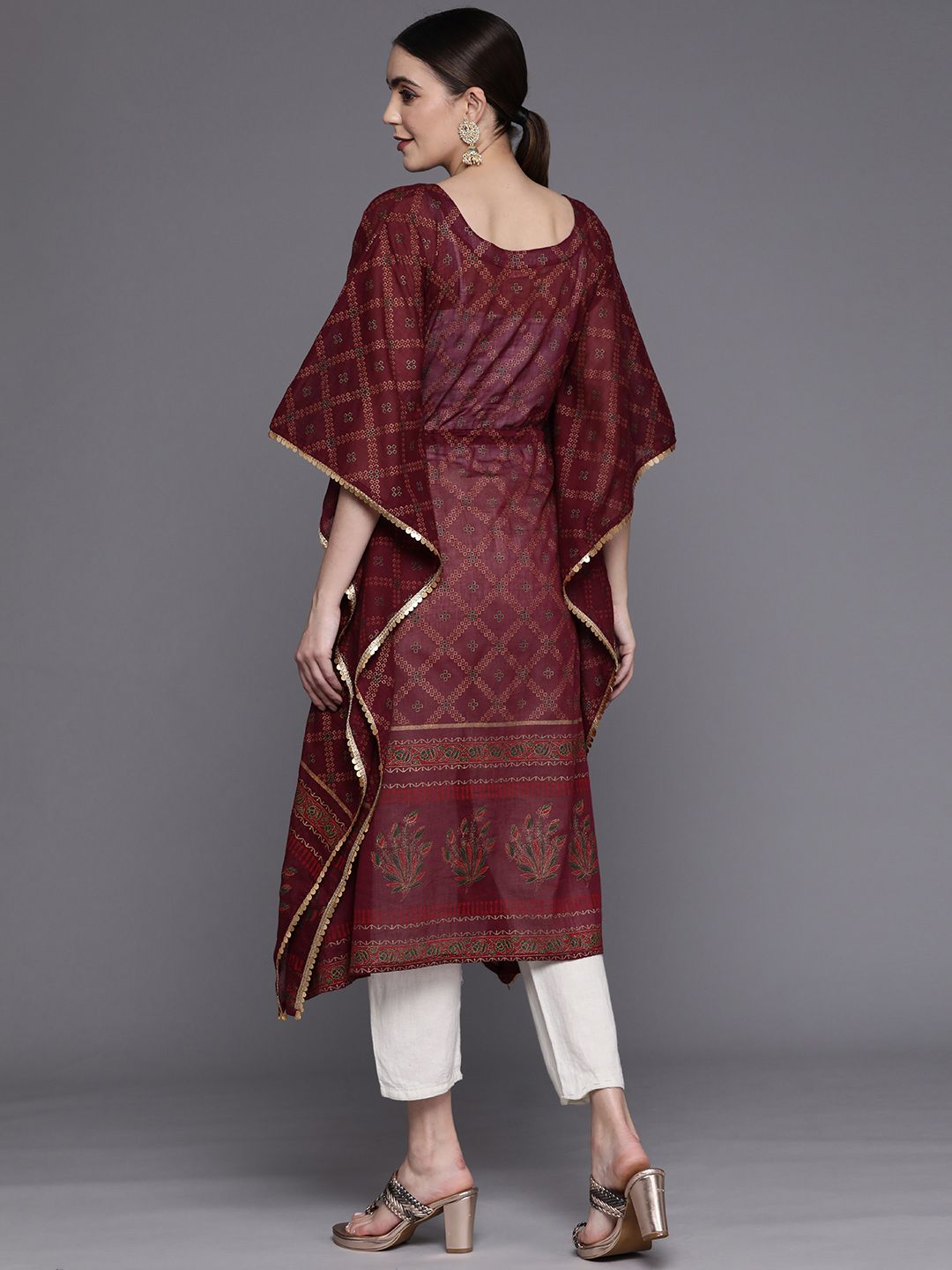 Indyancart IE Women Ethnic Motifs Printed Belted Detail Kaftan Kurta