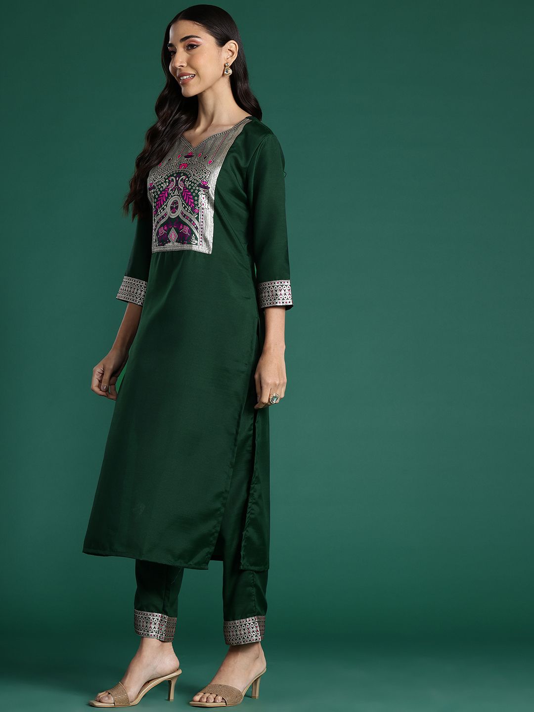 Dhiyona IE Ethnic Motifs Yoke Design Pure Cotton Kurta With Trousers & Dupatta