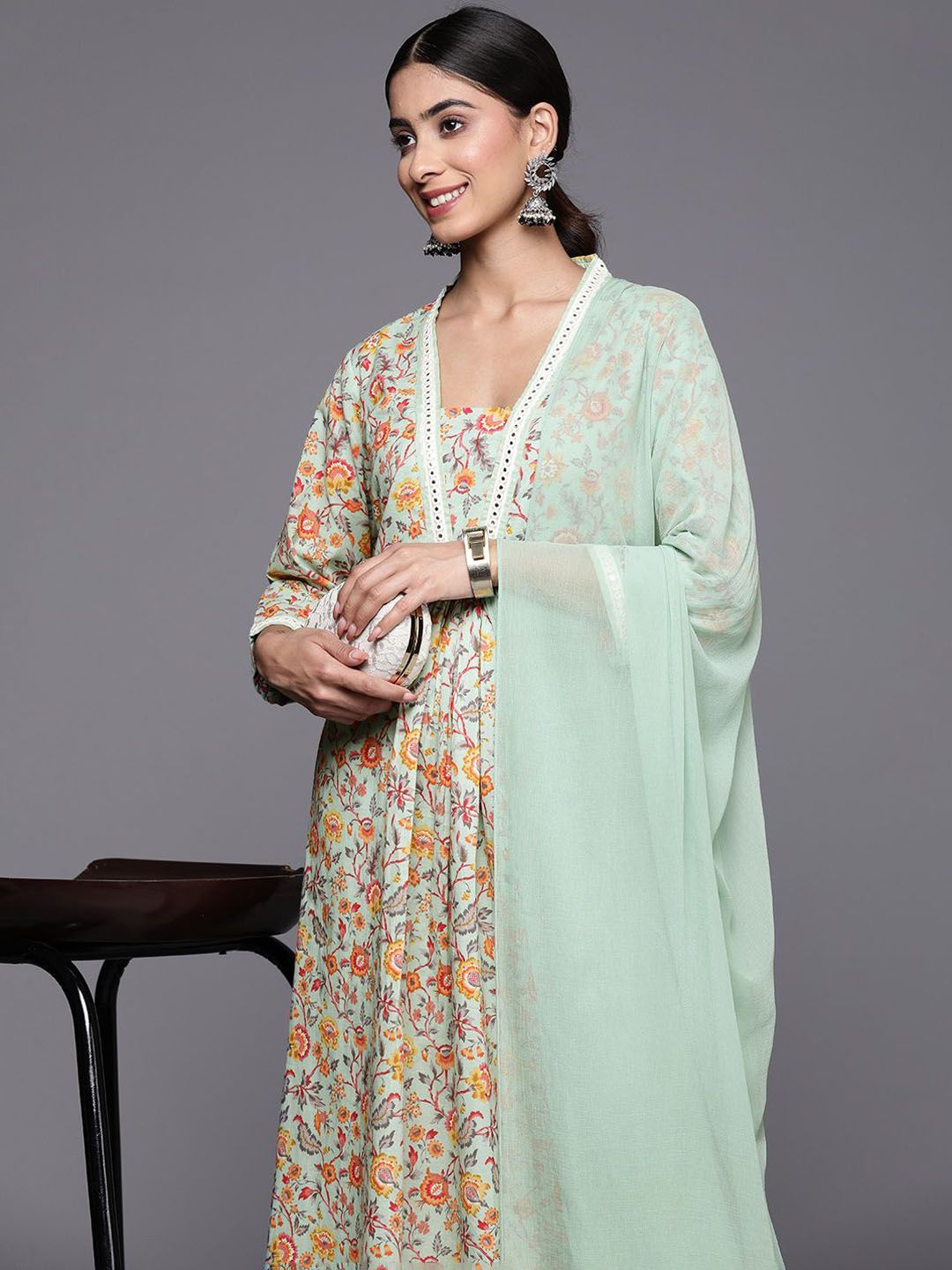 Indyancart VA Women's Floral Printed Mirror Work Kurta with Trousers & With Dupatta Kurta Sets