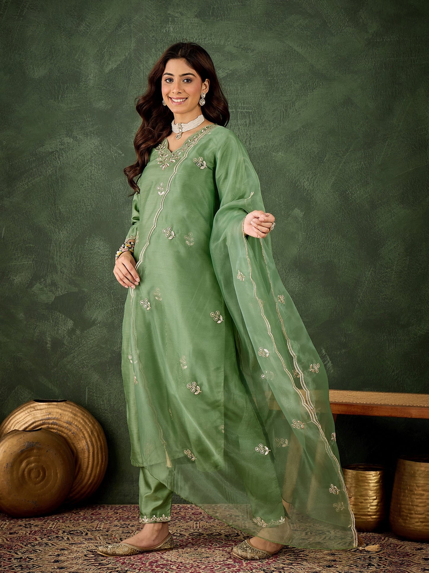 Dhiyona VV Qaushi Women Kurta and Pant Dupatta Sets Silk Blend Fabrics with Embroidery