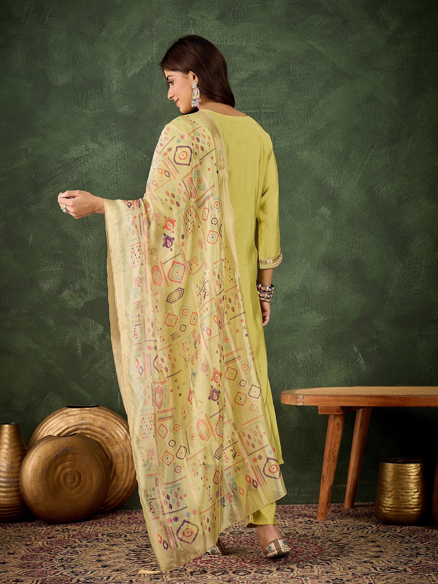 Dhiyona VV Pushti Women's Embroidered Yellow Silk Blend Straight Suit Set with Dupatta