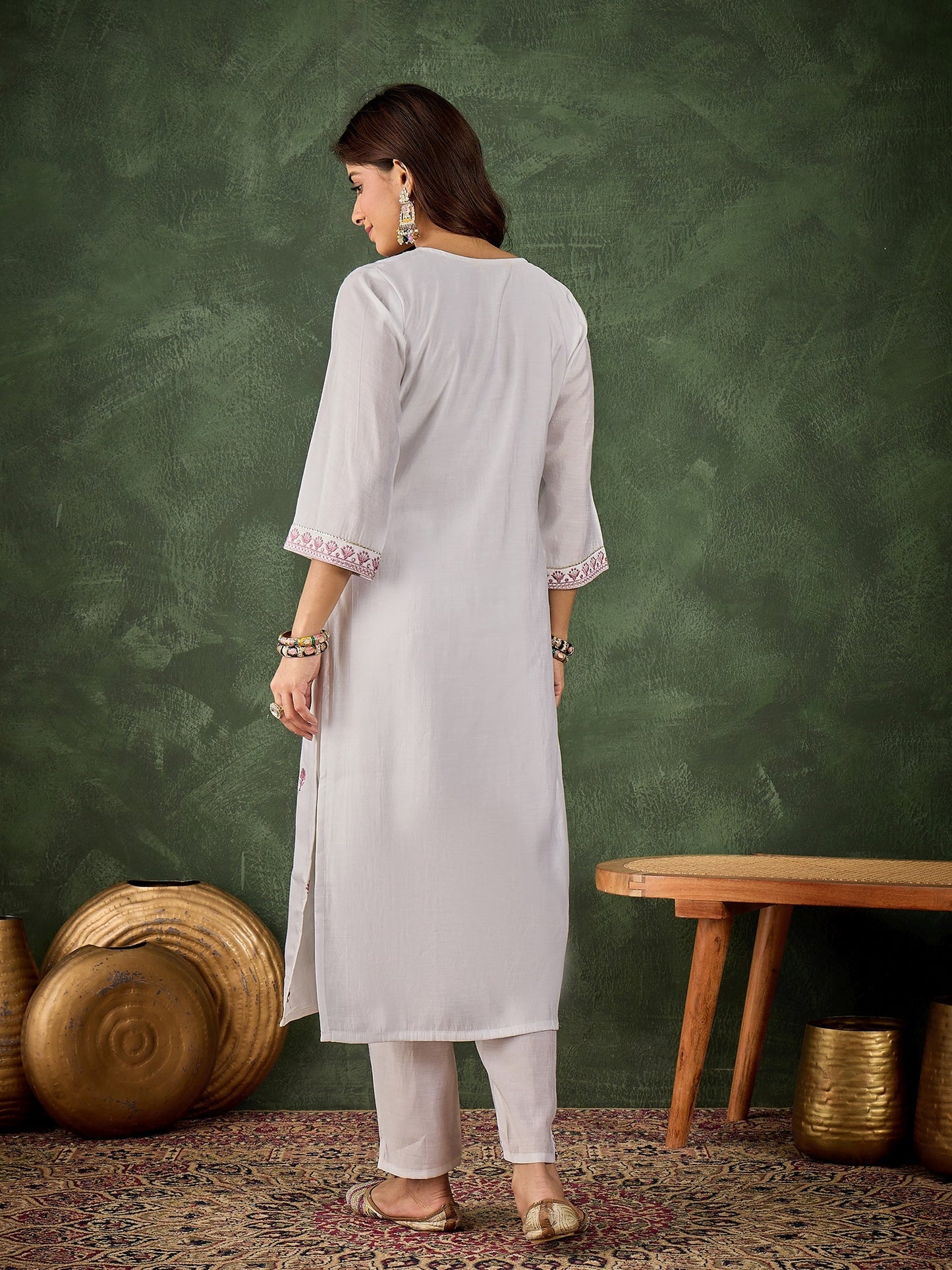 Dhiyona VV Vrinda Women's Silk Blend Embroidered Straight Kurta & Pant Set