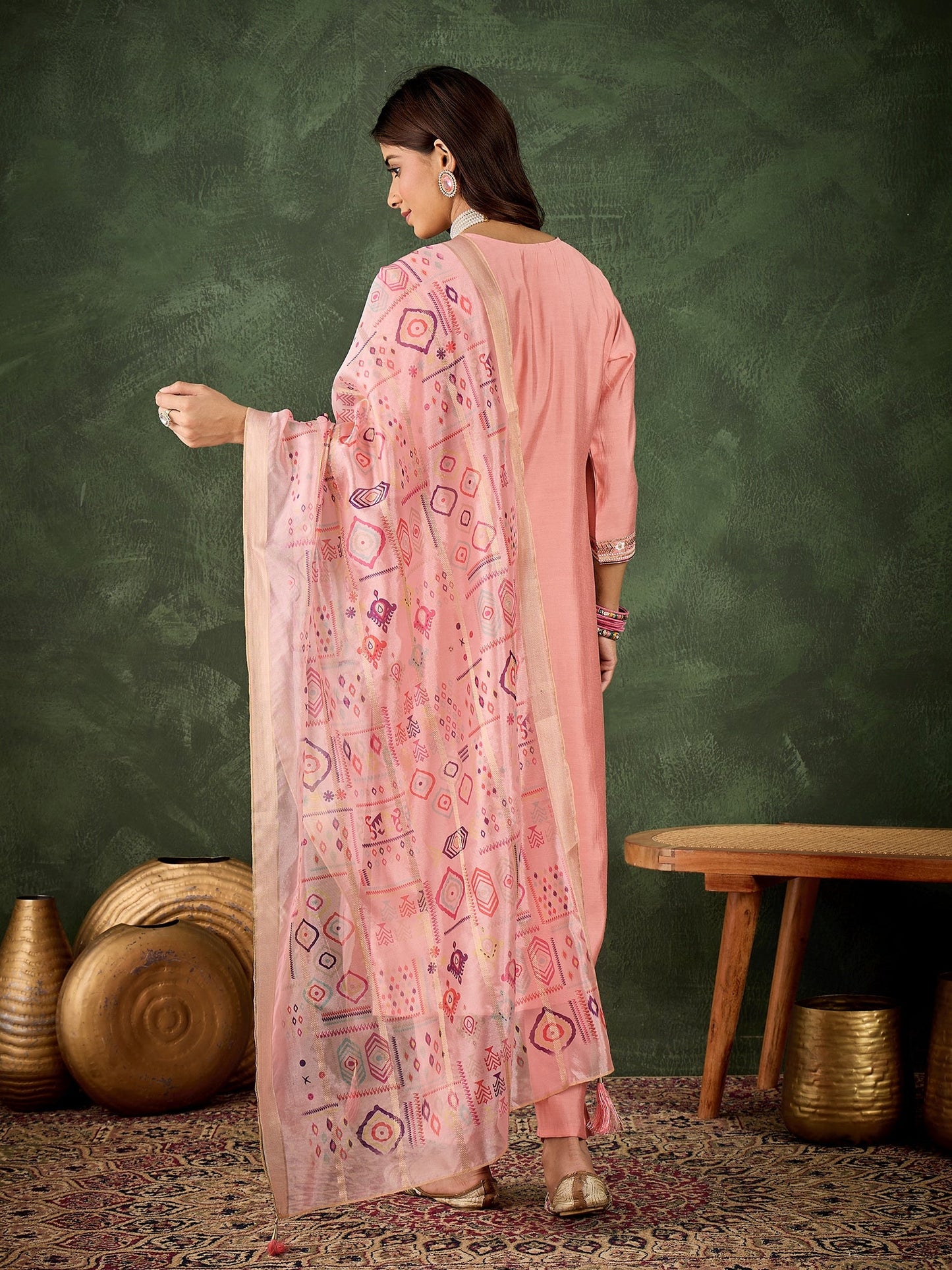 Dhiyona VV Nidhi Women's Embroidered Pink Silk Blend Straight Suit Set with Dupatta