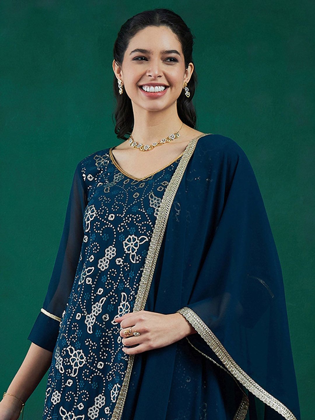 Indyancart IE Floral Embroidered Regular Sequinned Kurta With Sharara & Dupatta