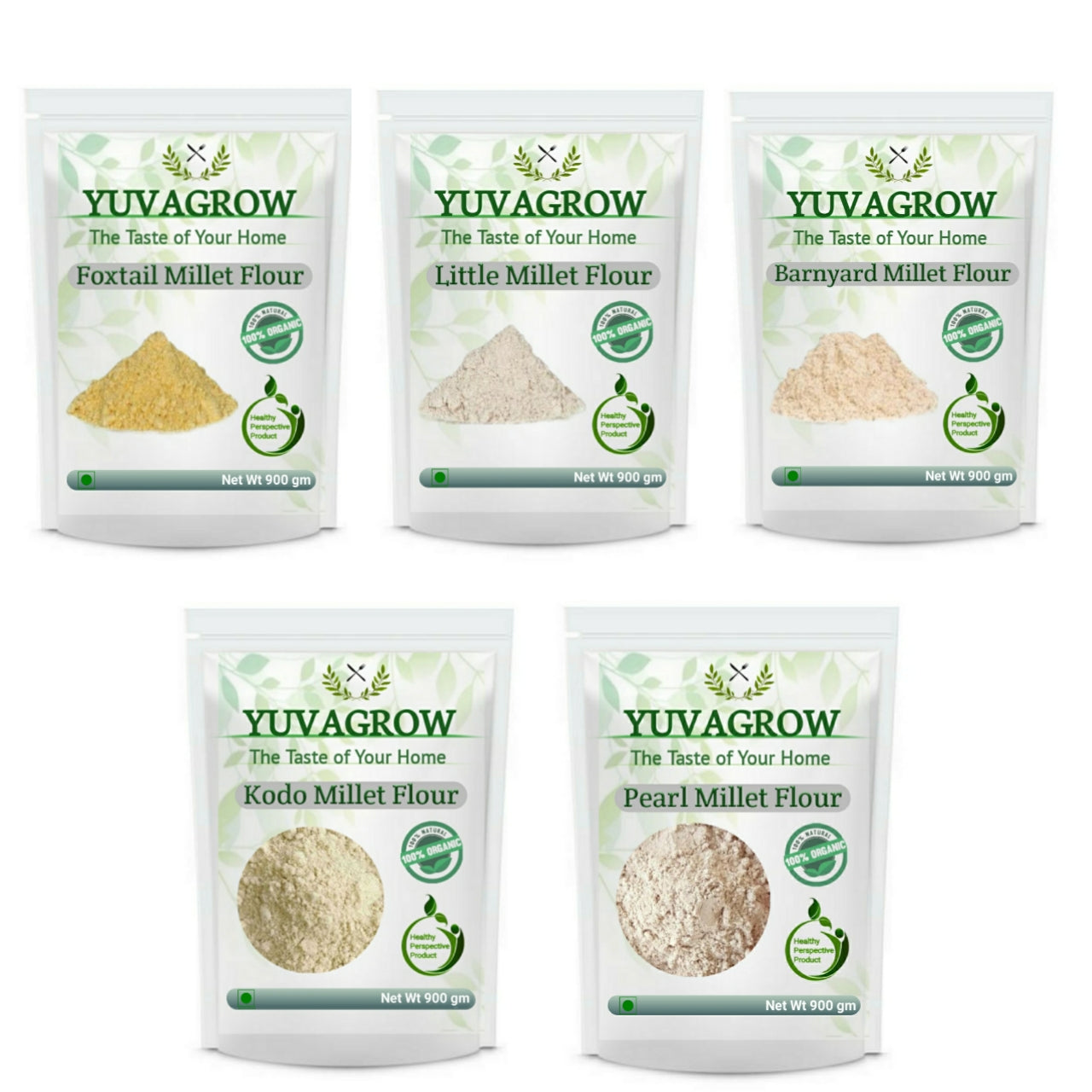 Yuvagrow Millet Flour in a clear bag, showcasing light-colored millet flour for healthy cooking and baking.