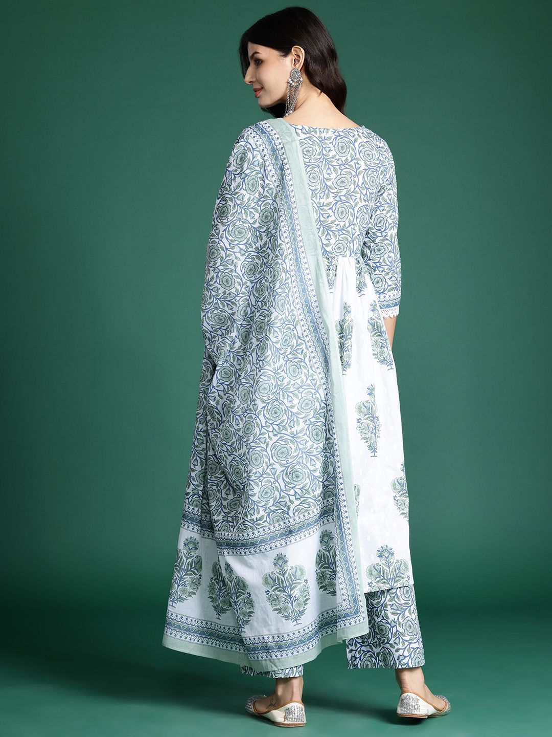 Indyancart IE Women Floral Printed Empire Pure Cotton Kurta With Palazzos & Dupatta
