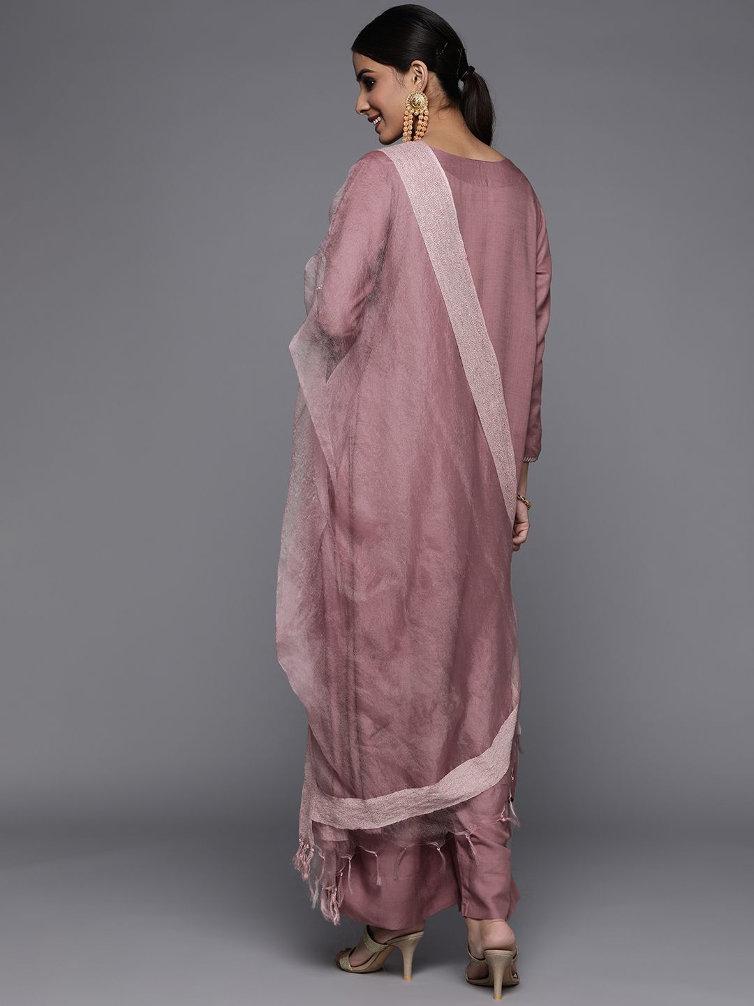 Indyancart VA Women's Mauve Embroidered Kurta with Palazzos & With Dupatta
