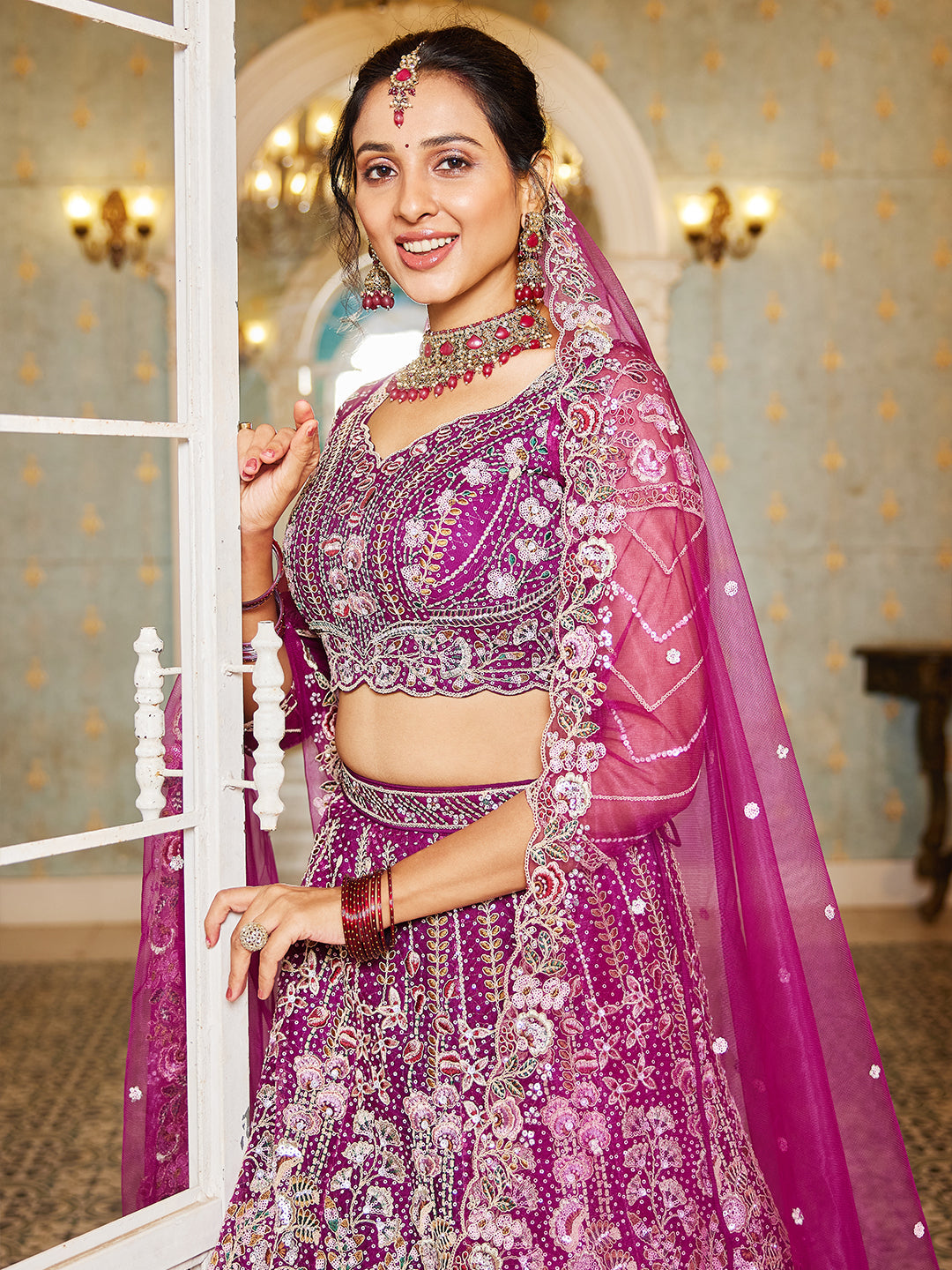 Burgundy net and Coding & Zarkan embroidery Lehenga choli & Dupatta