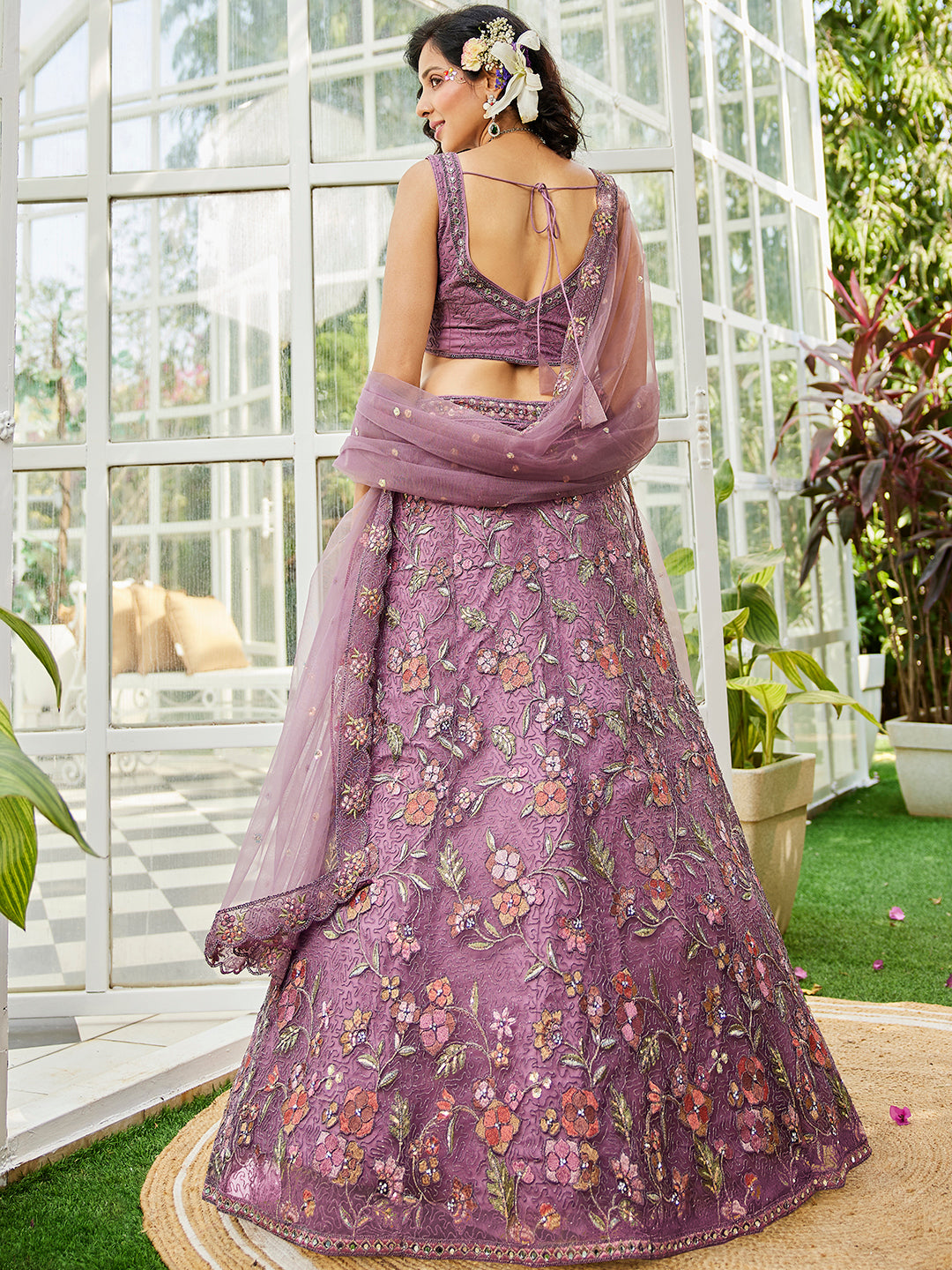 Lavender net with Coding & Zarkan embroidery Lehenga choli & Dupatta