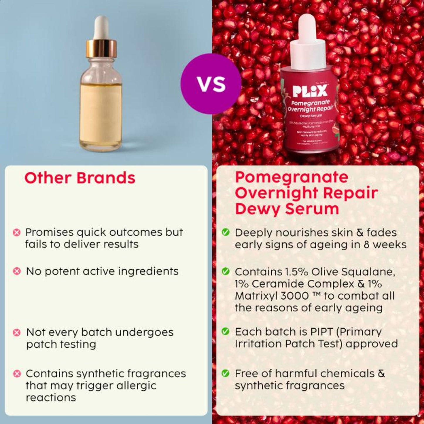 Plix Pomegranate Overnight Repair Dewy Serum for Ageless Glow With Ceramides Reduce Fine Lines