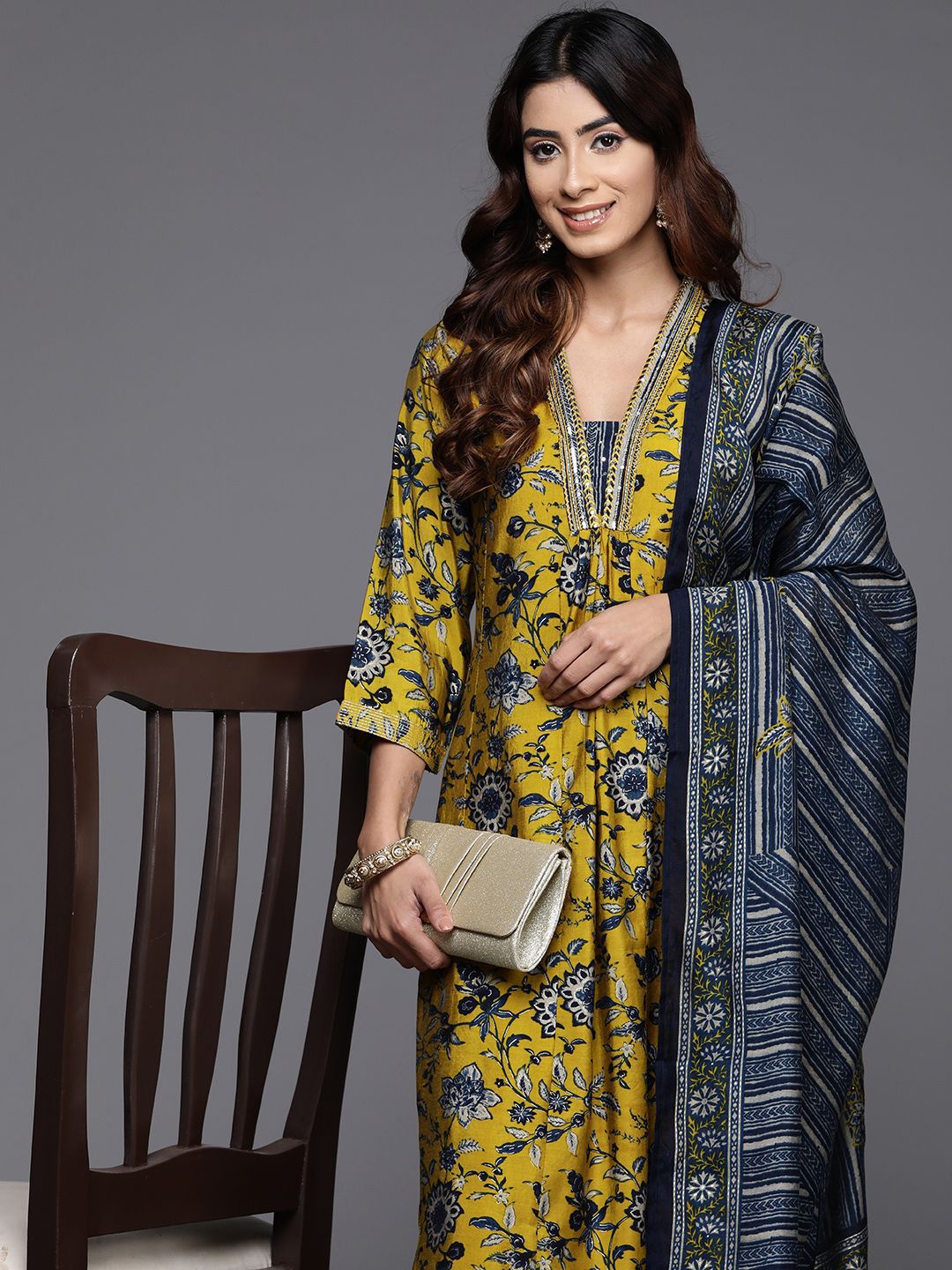 Indyancart VA Women'sFloral Printed V-Neck Sequinned Chanderi Silk Kurta With Trousers & Dupatta